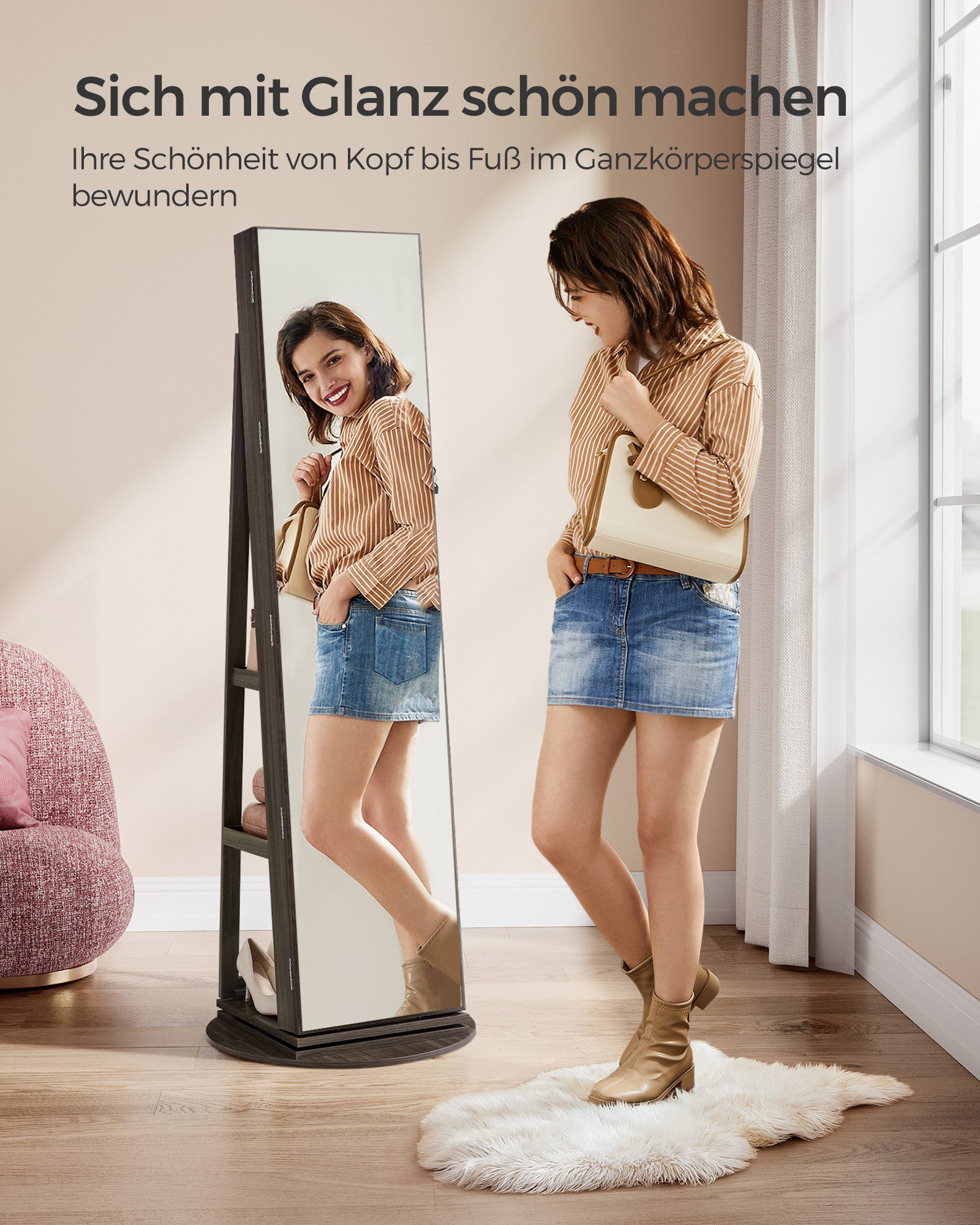 SONGMICS Schmuckschrank mit LED und Spiegel, 3 Ablagen, 360° drehbar günstig online kaufen