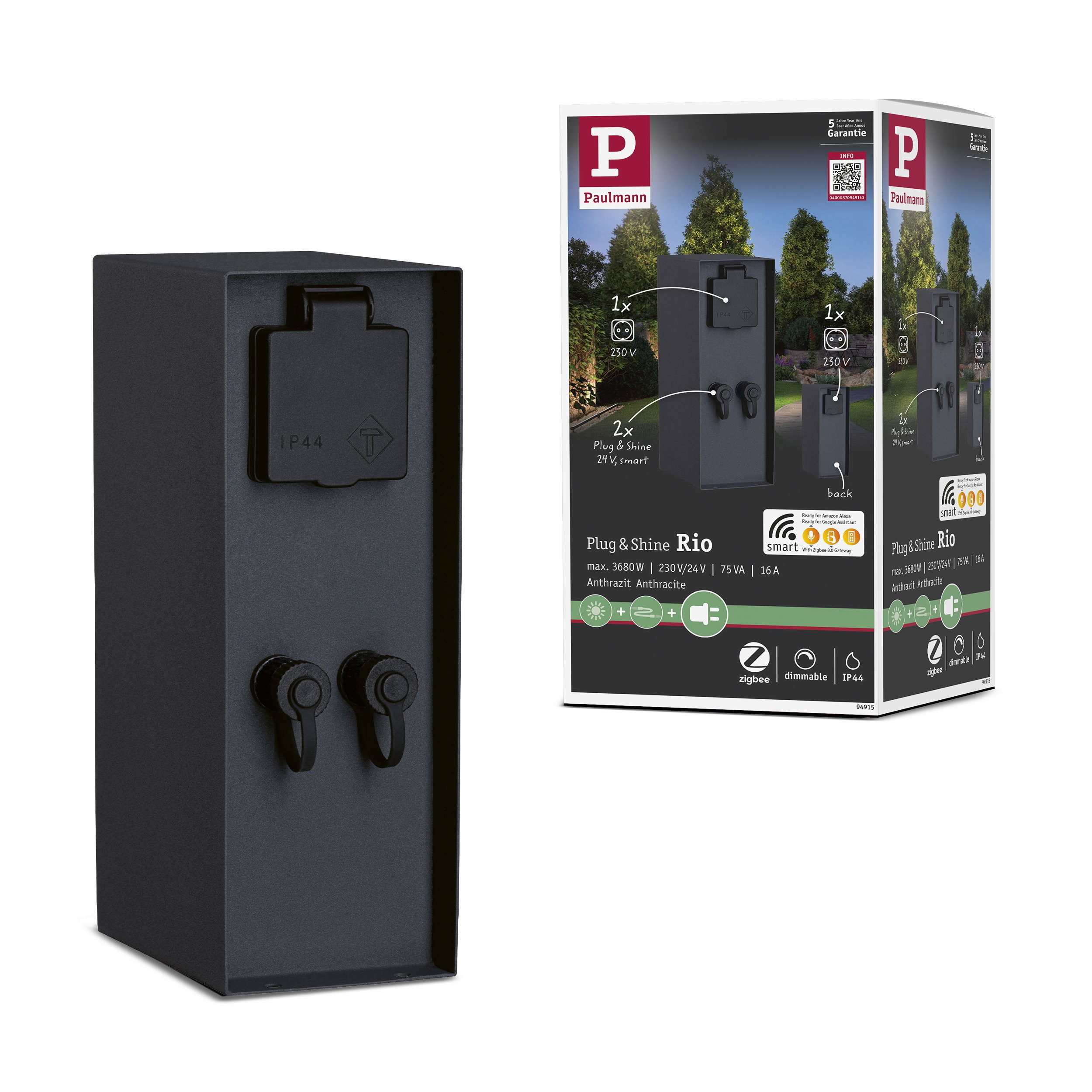 Paulmann Lampen-Verteiler Plug & Shine Steckdosensäule Rio inkl. Trafo IP44 Anthrazit (1-St)