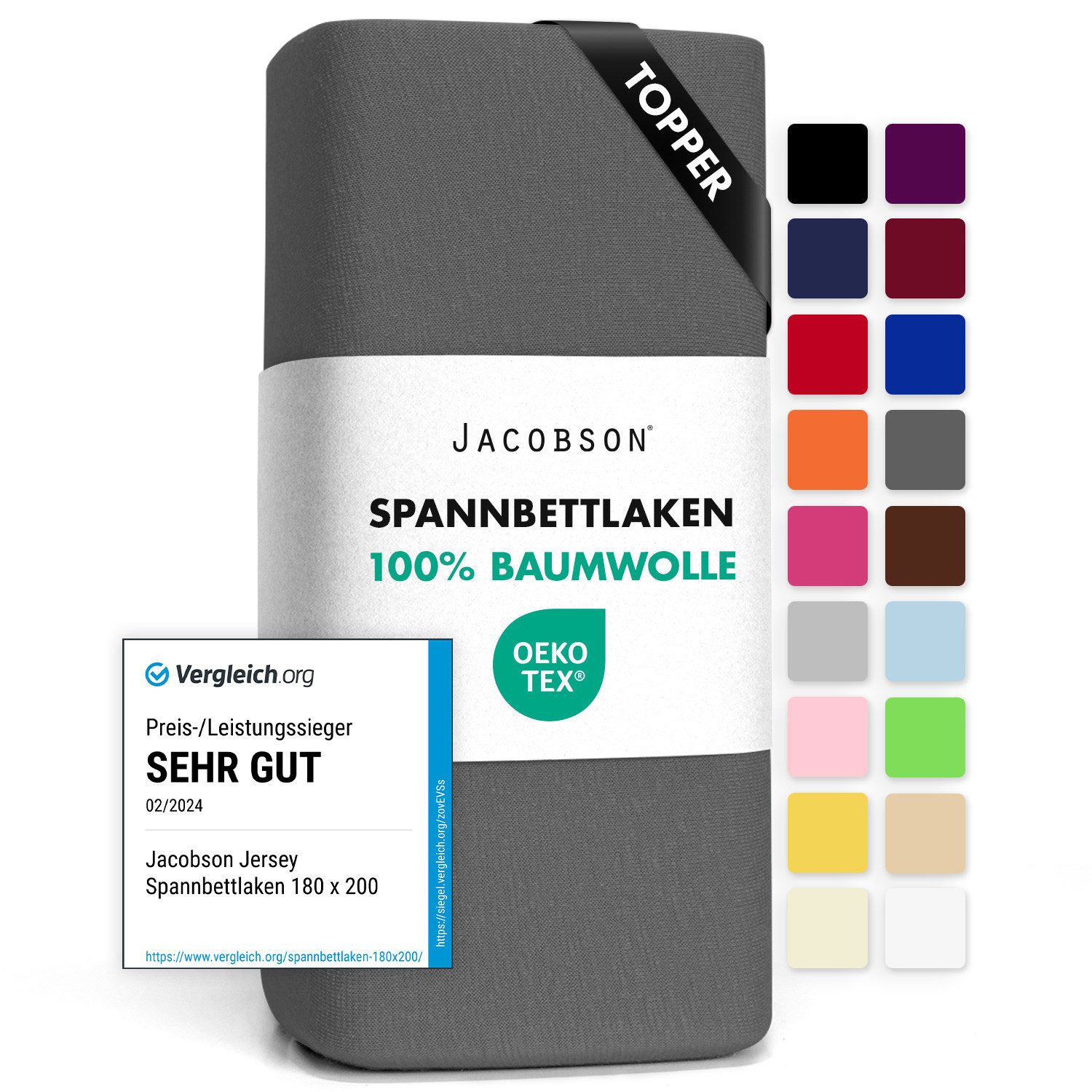 Jacobson Spannbettlaken TOPPER aus 100% Baumwolle, Jersey Bettlaken 160 g/m², Spannbetttuch mit Gummizug, OEKO-TEX®, pflegeleicht, viele Farben