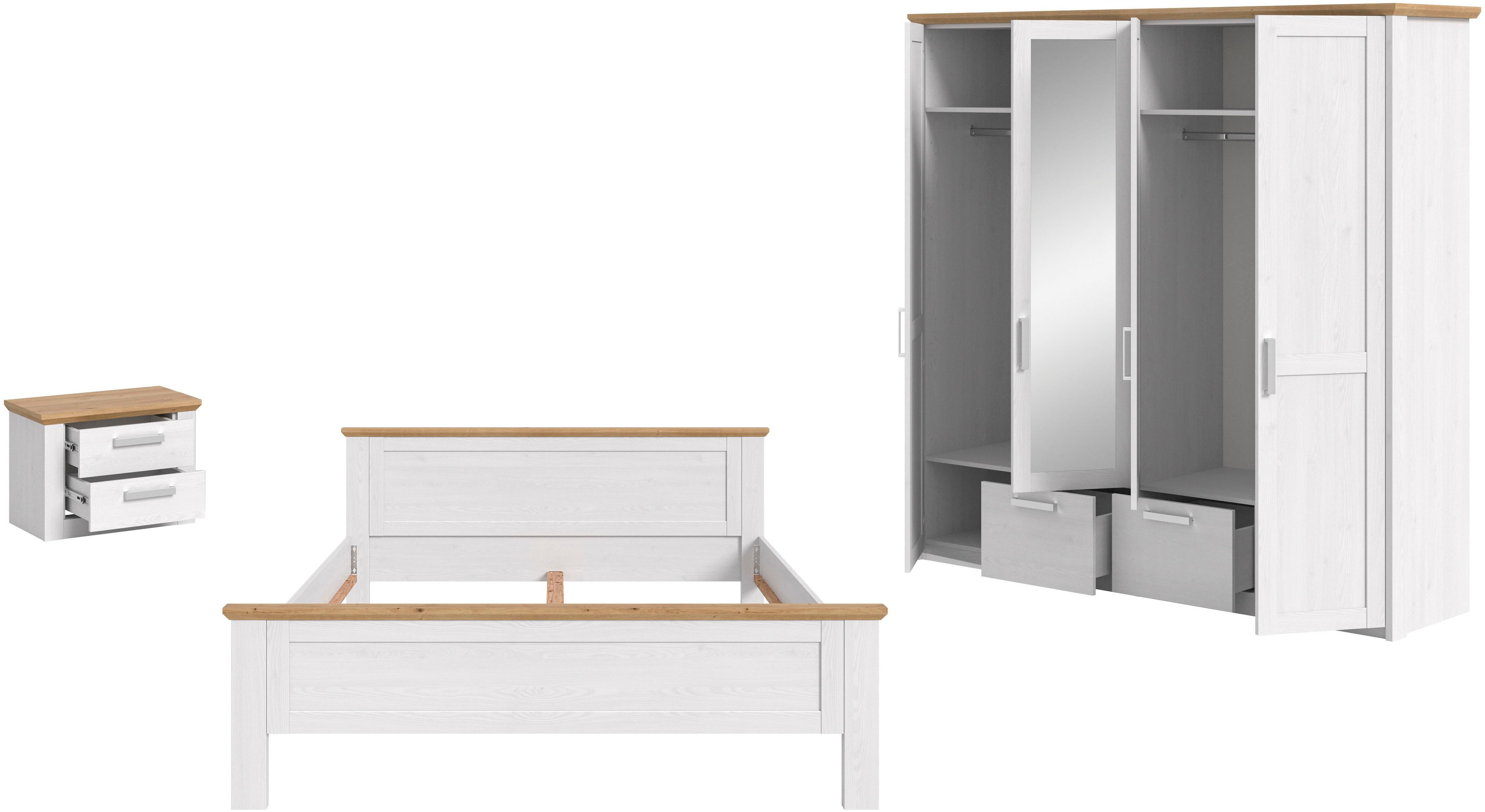 Home affaire Schlafzimmer-Set COSENZA, 3-tlg., Kleiderschrank, Bettgestell & Nachttisch, (3-tlg., Matratzengröße 180x200 cm, viel Stauraum, ohne Lattenrost & Ma – Bild 2 von 4