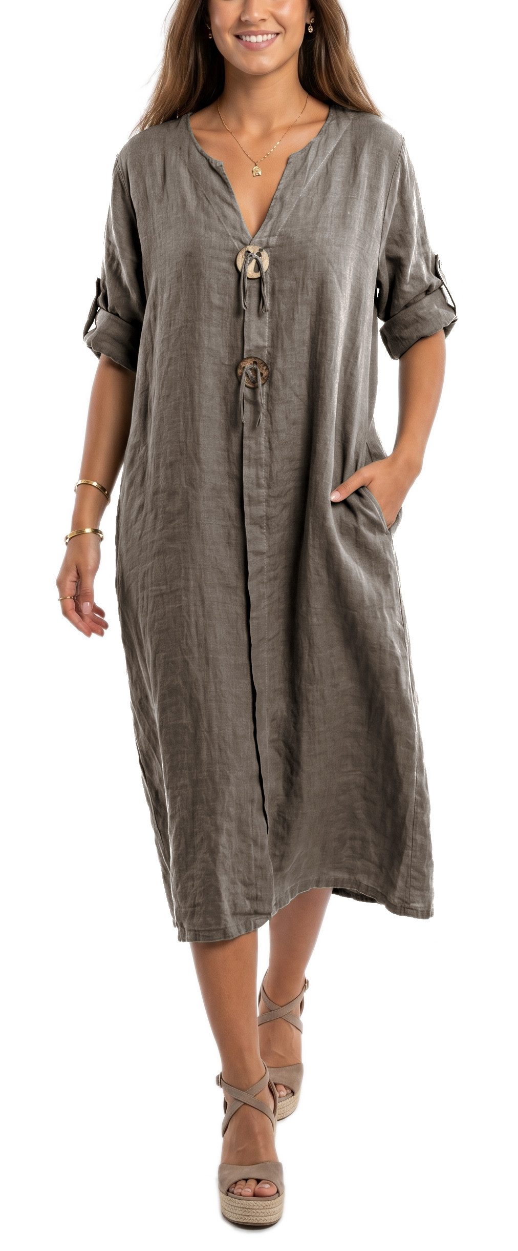 dy_mode Hemdblusenkleid Damen Leinenkleid Midi Hemdblusenkleid mit V-Ausschnitt Freizeitkleid in Unifarbe, V-Ausschnitt, mit seitlichen Eingriffstaschen