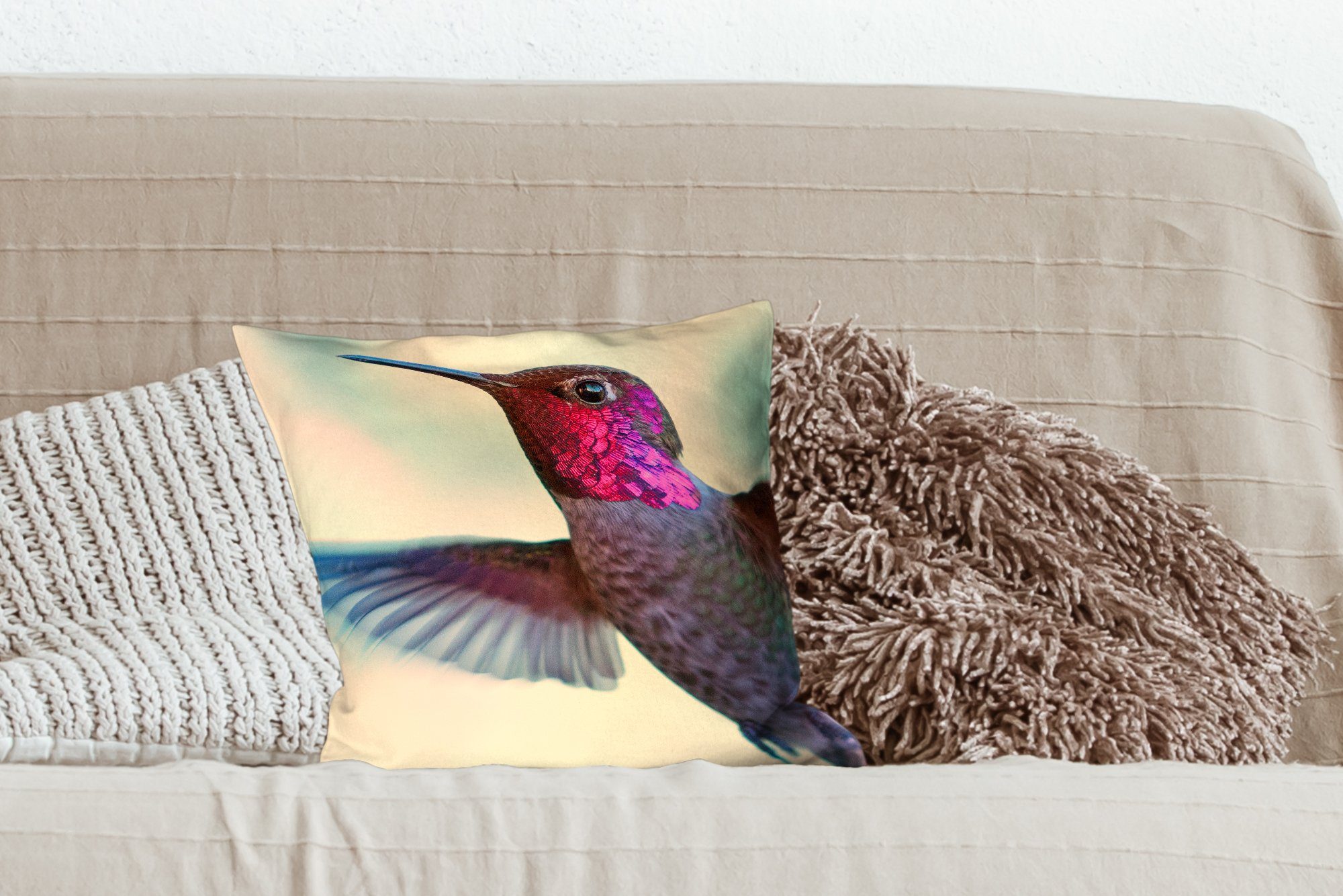 Wohzimmer, - - Kolibri Schlafzimmer, Rosa, Sofakissen Vögel Dekokissen für MuchoWow Füllung Deko, mit Zierkissen