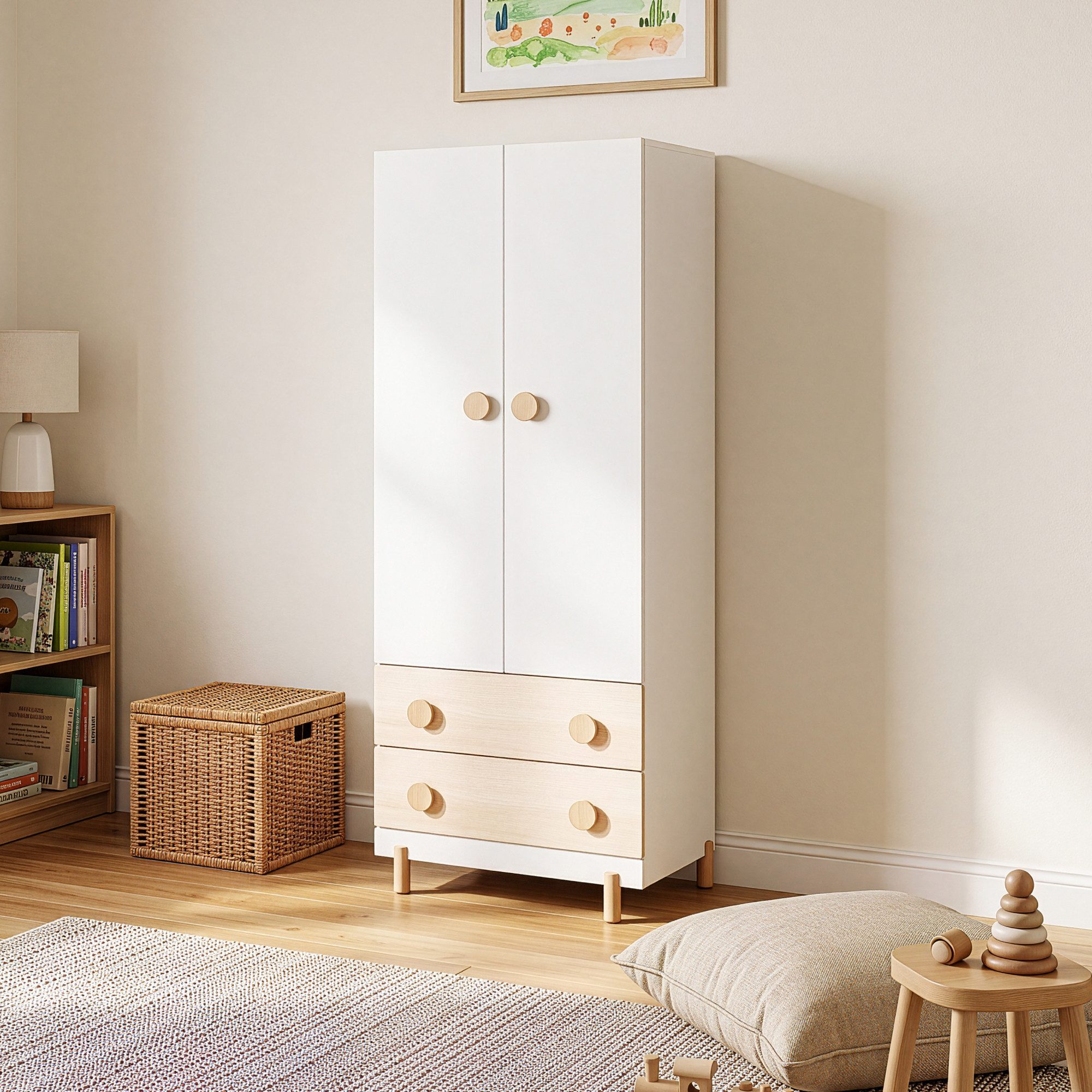 en.casa Kinderkleiderschrank »Vaarentaa« mit 2 Schubladen 156x60x41 cm Weiß/Eiche