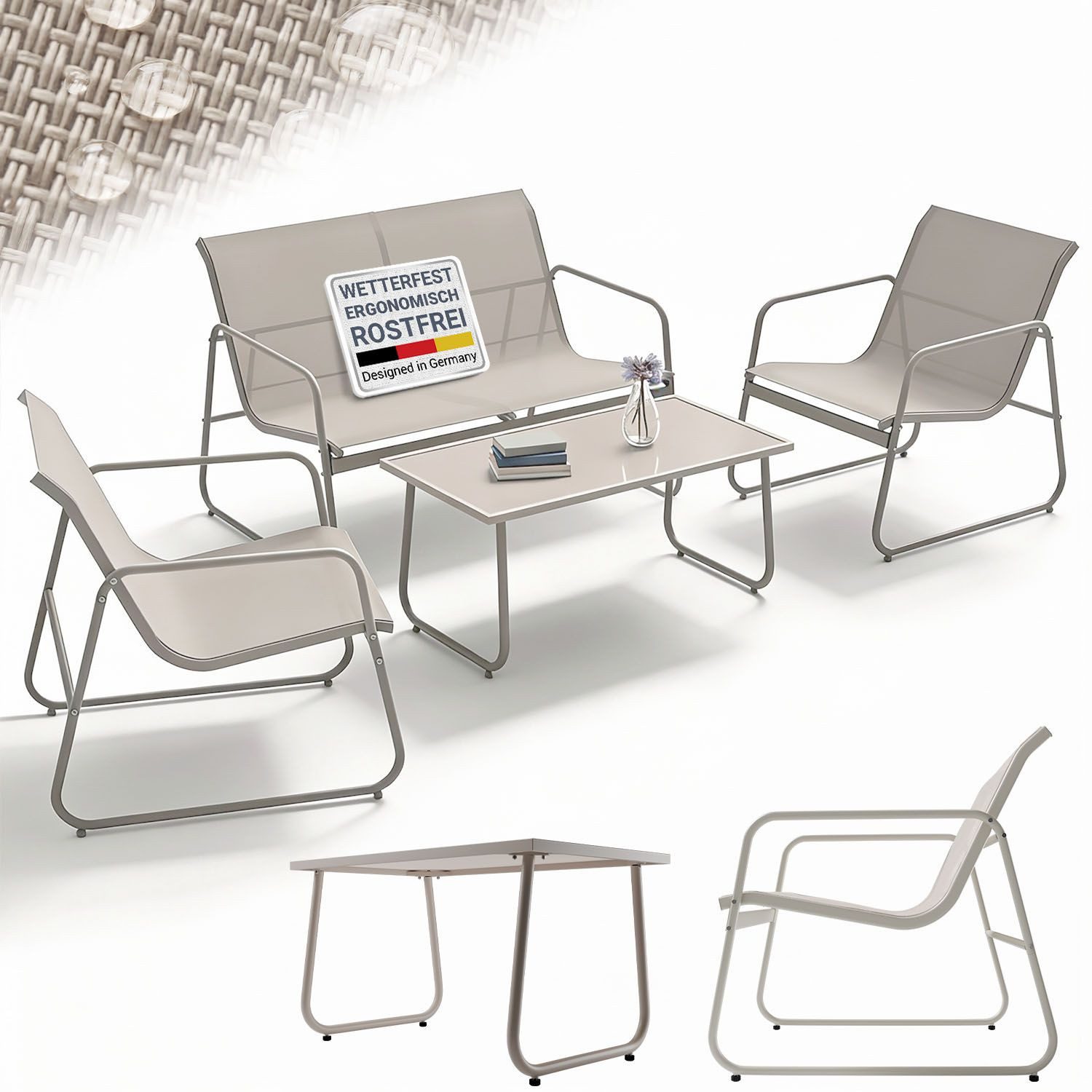 Juskys Gartenlounge-Set Genua, (4-tlg), 4-teilig, UV-beständig, Metallgestell, Tisch mit Glasplatte