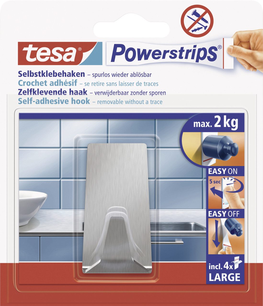 tesa Klebehaken tesa Powerstrips Haken Large rechteckig, Edelstahl