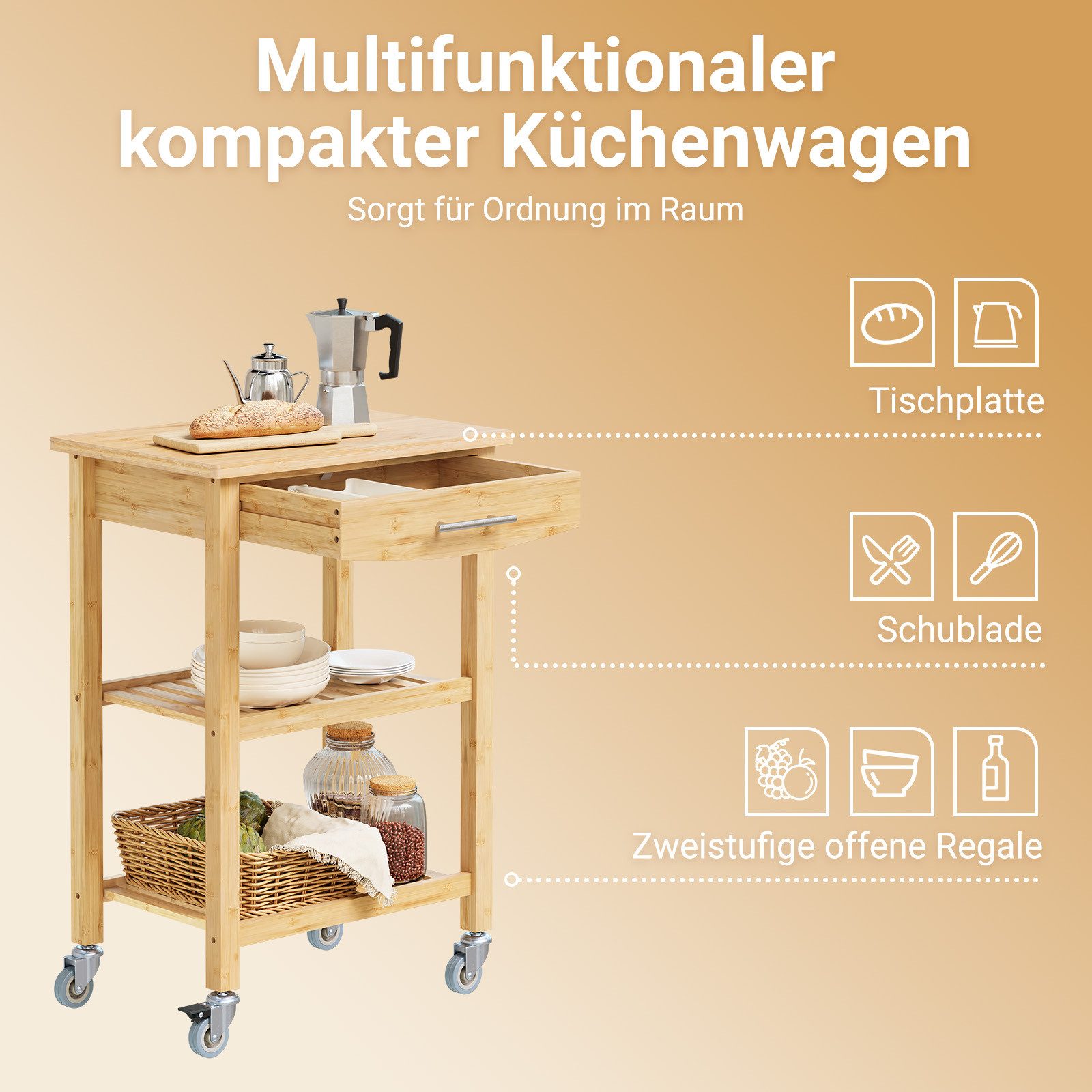 SoBuy Servierwagen FKW135, Küchenwagen, Servierwagen mit Rollen, Rollwagen mit Schublade, Küchenwagen mit Arbeitsplatte, 2 offene Ebenen, mobil als Kücheninsel