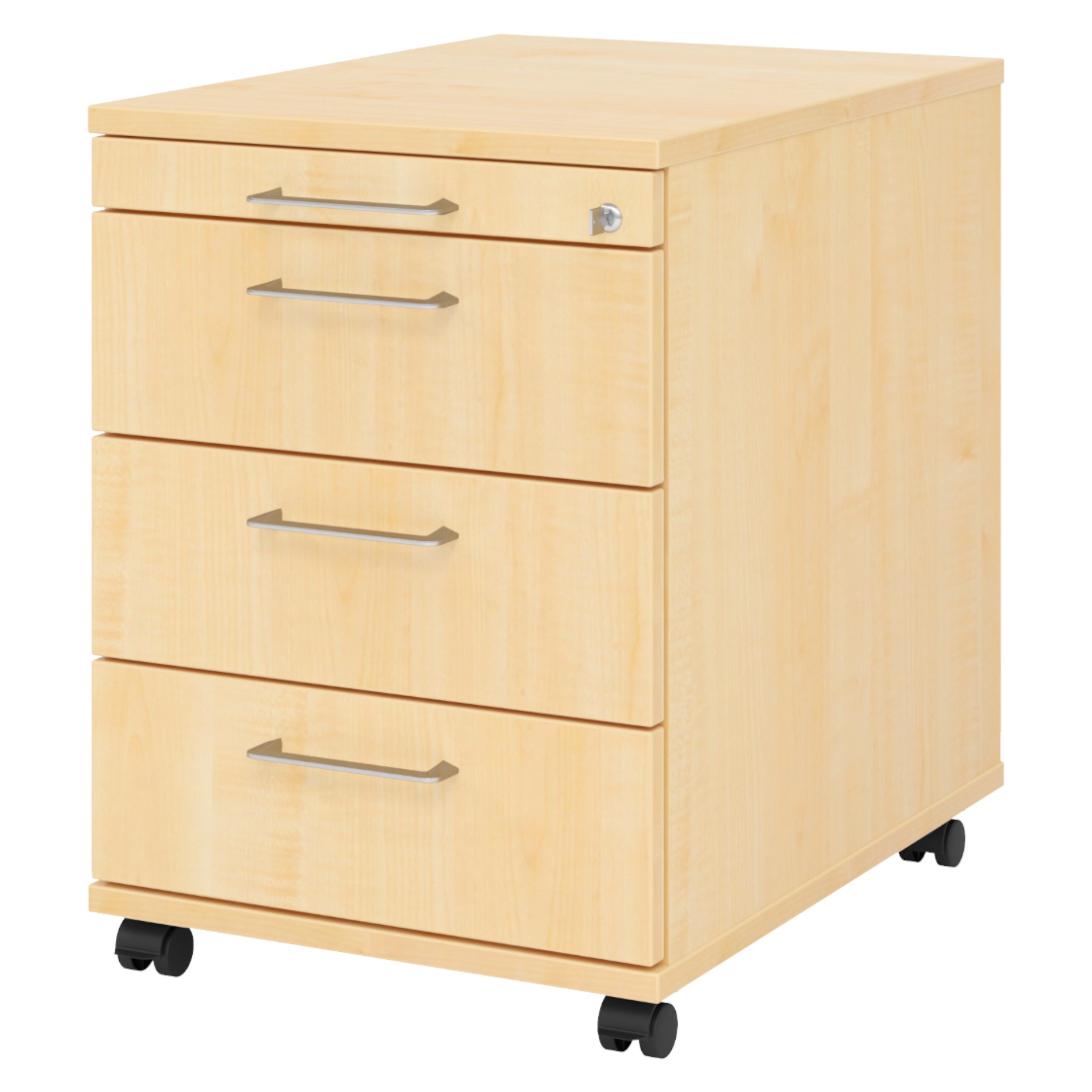 bümö Rollcontainer office Bürocontainer - 3 Materialschubladen, Dekor: Ahorn mit Bügelgriff (Metall)