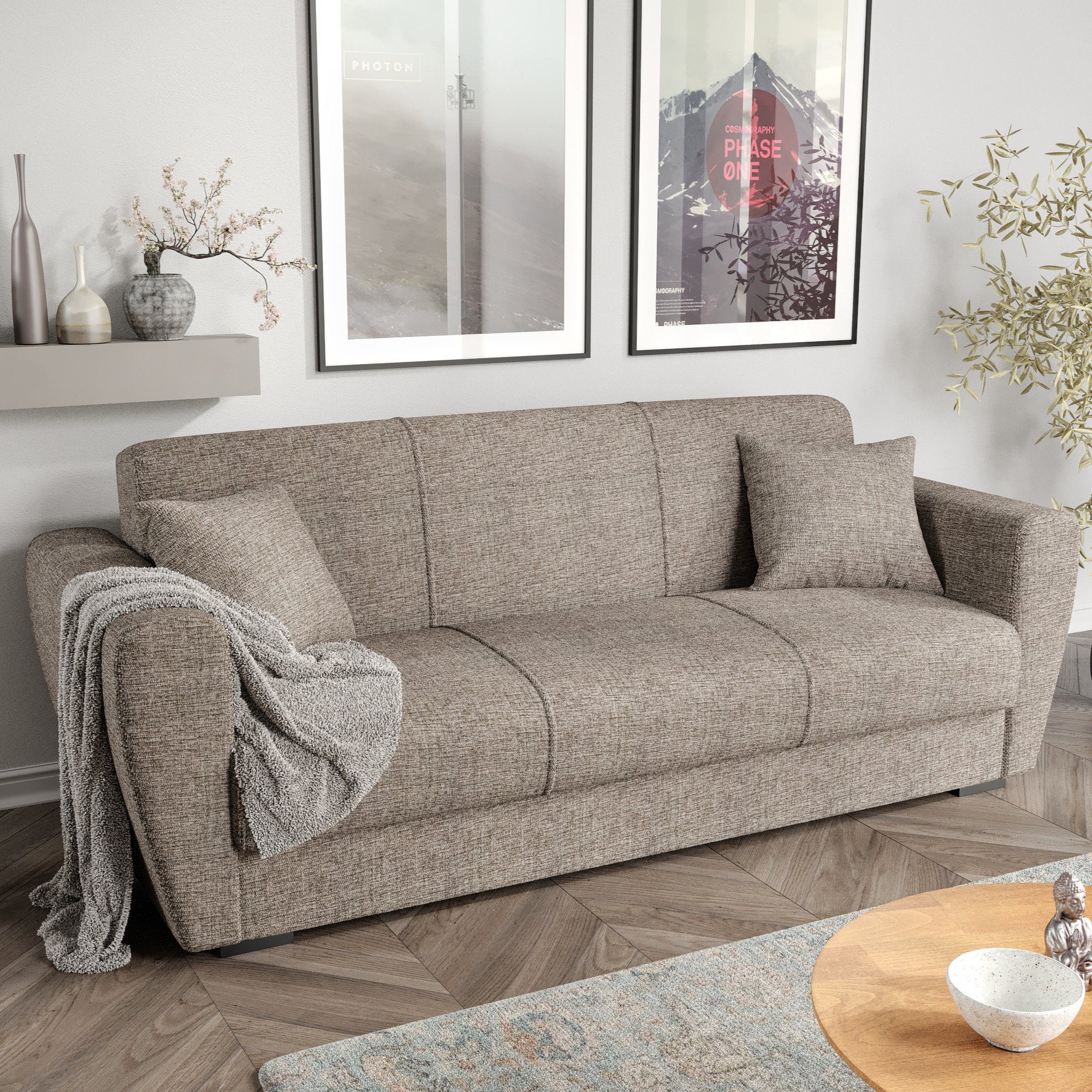 Gozos Sofa Gozos Palamos Series 3 Sitzer, Bettfunktion Couch Leinenoptikstoff, 221 x 85 x 86 cm, Sitzfläche inklusive zwei Kissen und Stauraum