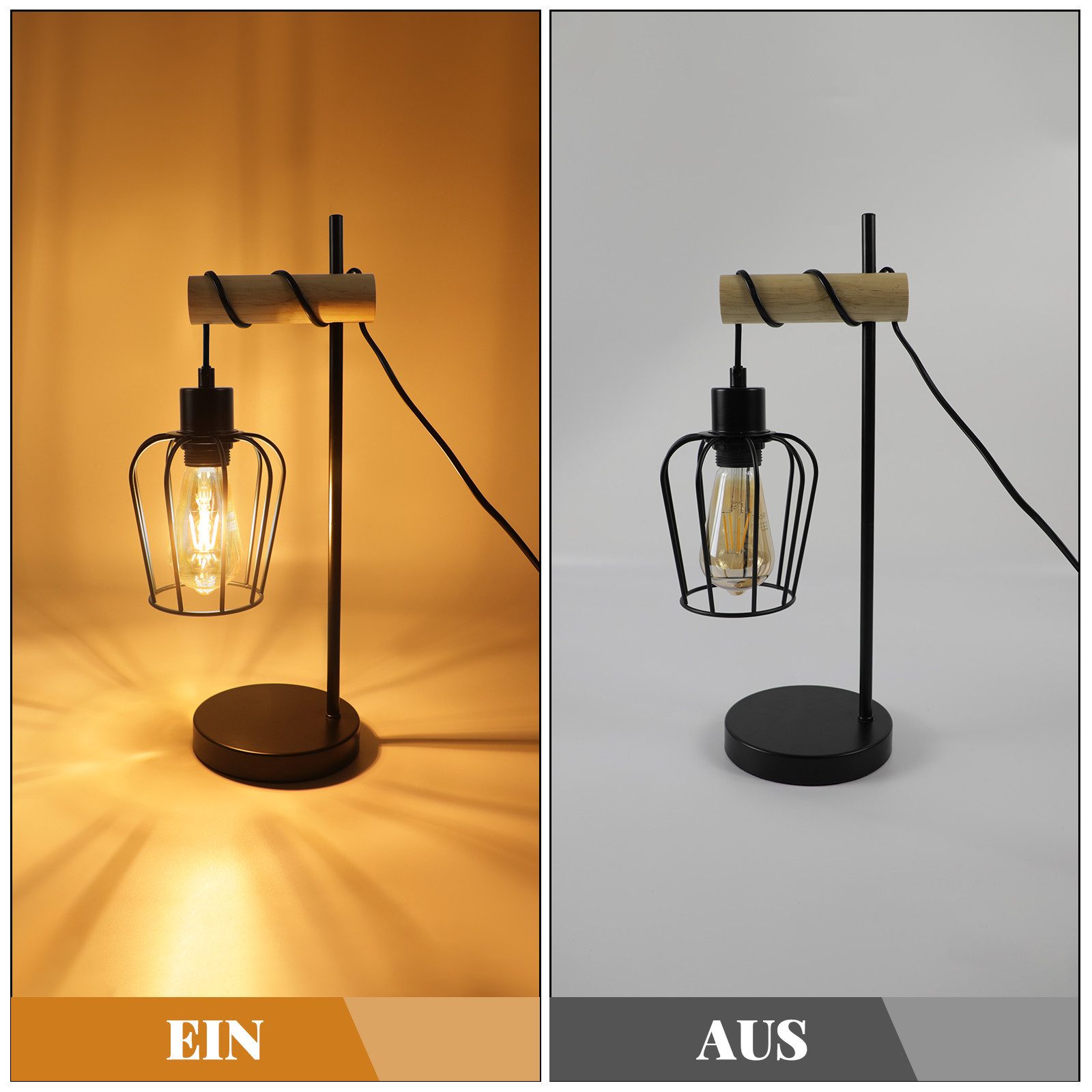 ZMH Tischleuchte Wohnzimmer Retro Schwarz-Holz Nachttischlampe Industrial Design E27, Einfache Installation, ohne Leuchtmittel, 1 Flammig Vintage Tischleuchte im Industrial Design aus Metall Esstich
