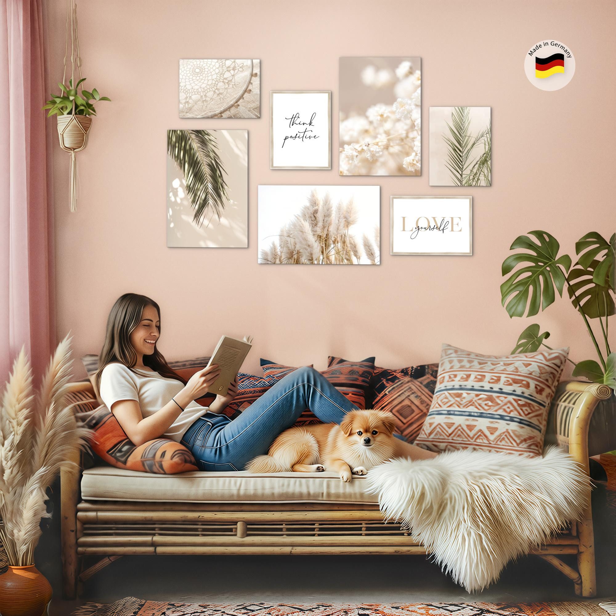 Novart Wandbild Boho Beige Pampas Blätter Natur Wohnzimmer Bilder Set 147x104 cm, Boho (7 St)
