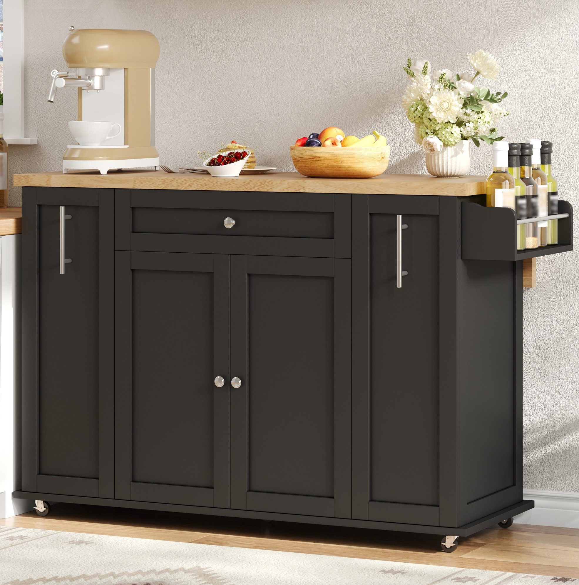 REDOM Kücheninsel Mobile Küchenkommode mit Rollen und Klappfunktion 120×45(70)×87 cm, (Arbeitswagen mit Feststellrollen für Kochen und Aufbewahrung), Kücheninselwagen mit Schränken Schubladen und Ablageflächen