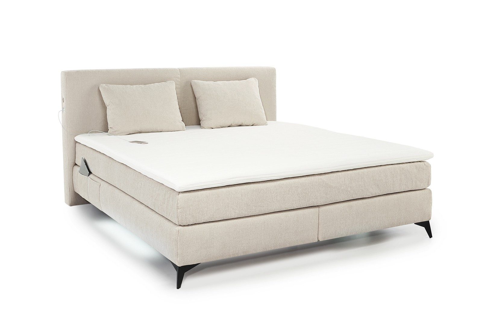 luma-home Boxspringbett 20016 (180x200 cm, LED-Beleuchtung, USB-Ladeports, Bezug Chenille Beige, Bonell-Federkernpolsterung), 7-Zonen-Tonnentaschen-Federkernmatratzen H3+H4 inkl. Topper