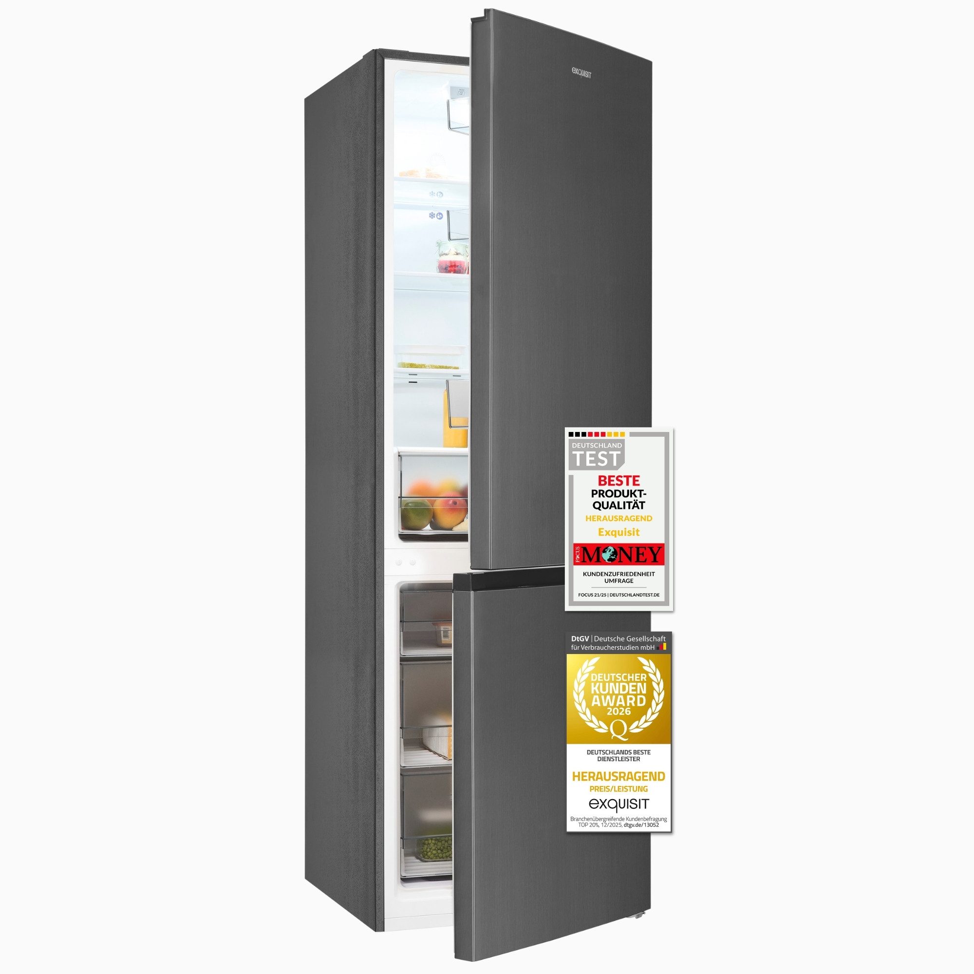 exquisit Kühl-/Gefrierkombination KGC5400-130-NF-040D, 186 cm hoch, 60 cm breit, 400 l, LED Beleuchtung, 37 dB Geräuschklasse C