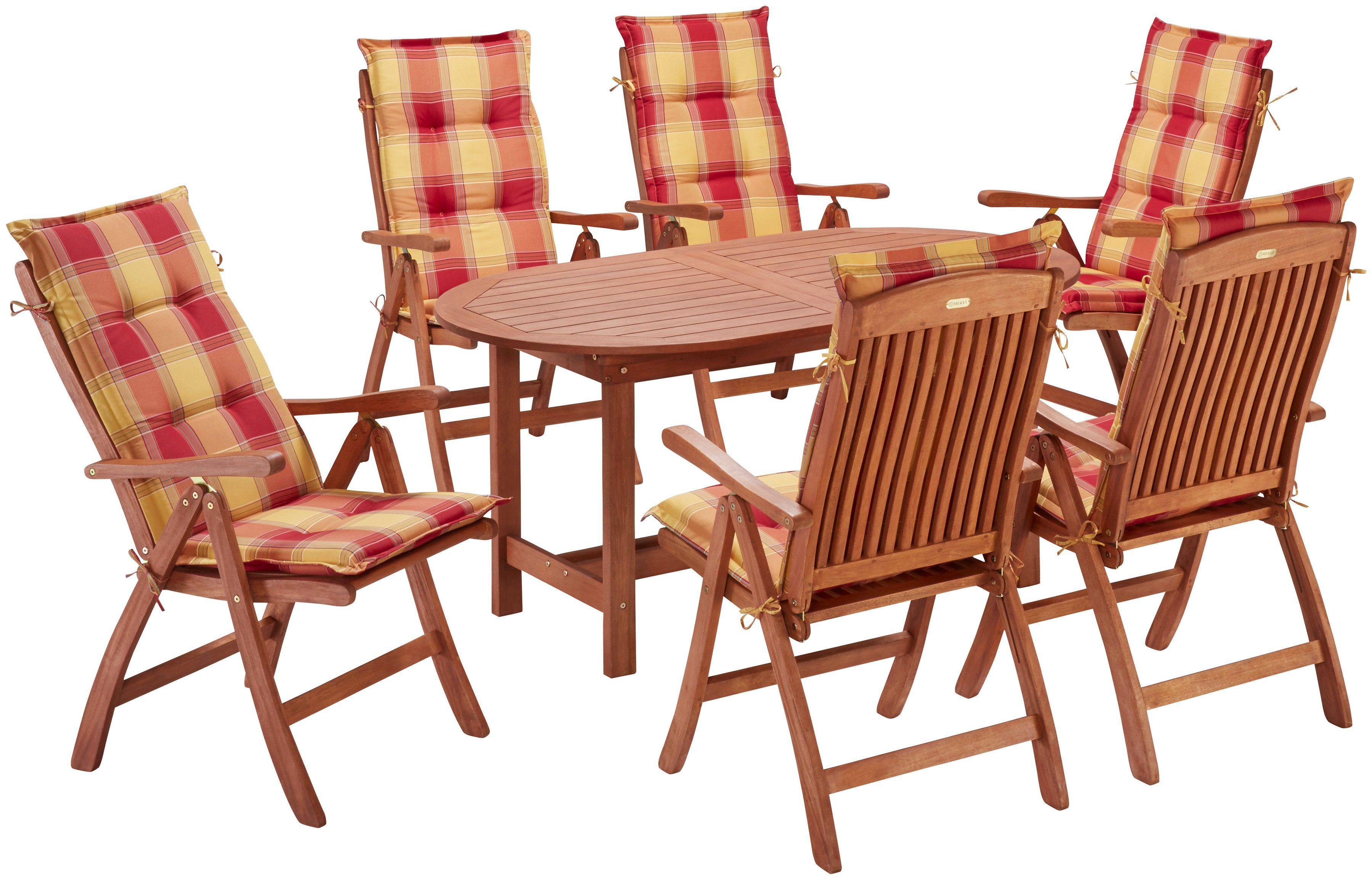 MERXX Garten-Essgruppe Maracaibo, (13-tlg., 6xKlappsessel, inkl. Auflagen, 1x Ausziehtisch 160(210)x90 cm), Eukalyptusholz, FSC® Mix, geeignet für 6 Personen