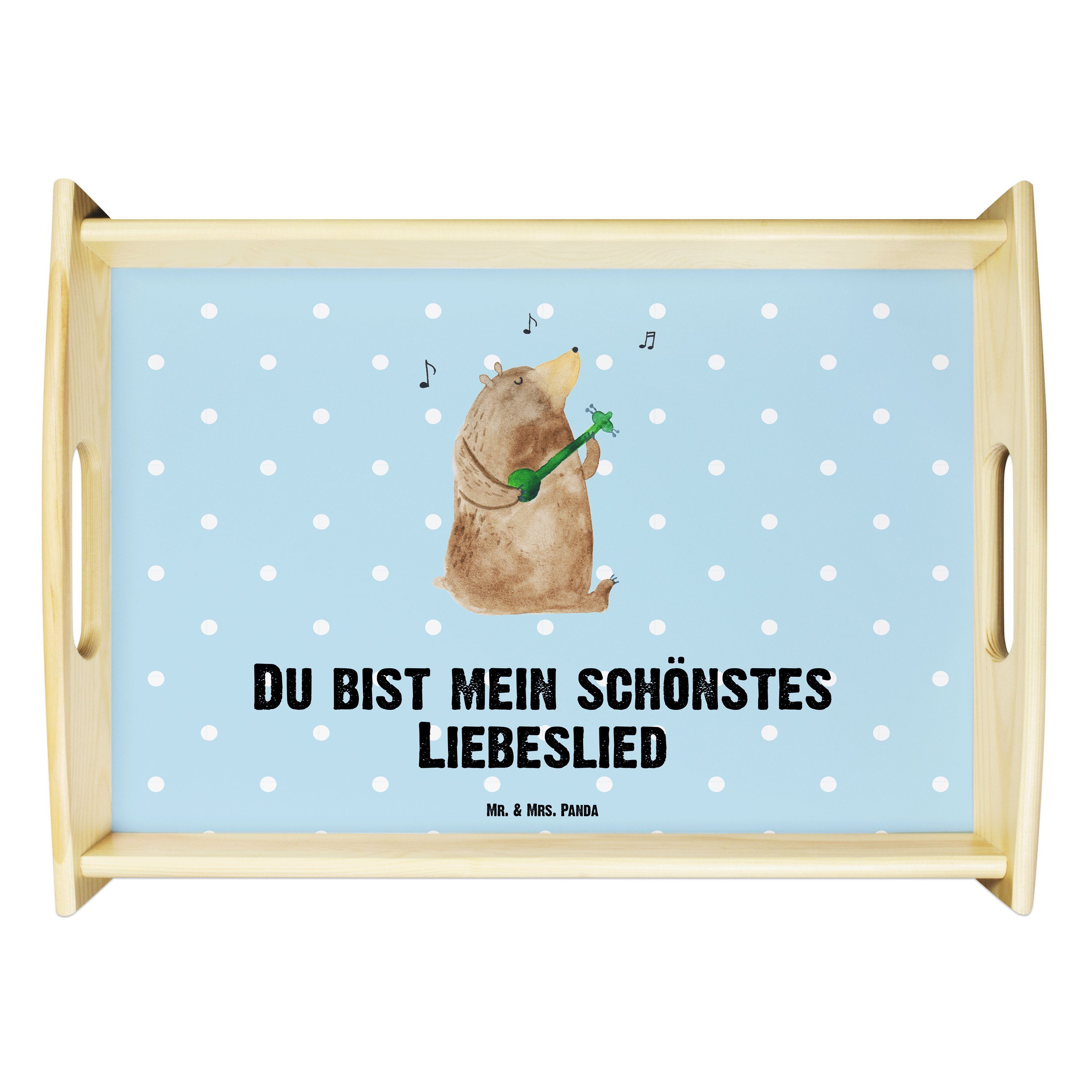 Mr. & Mrs. Panda Tablett Bär Lied - Blau Pastell - Geschenk, Holztablett, Küchentablett, Herz, Echtholz lasiert, (1-tlg)