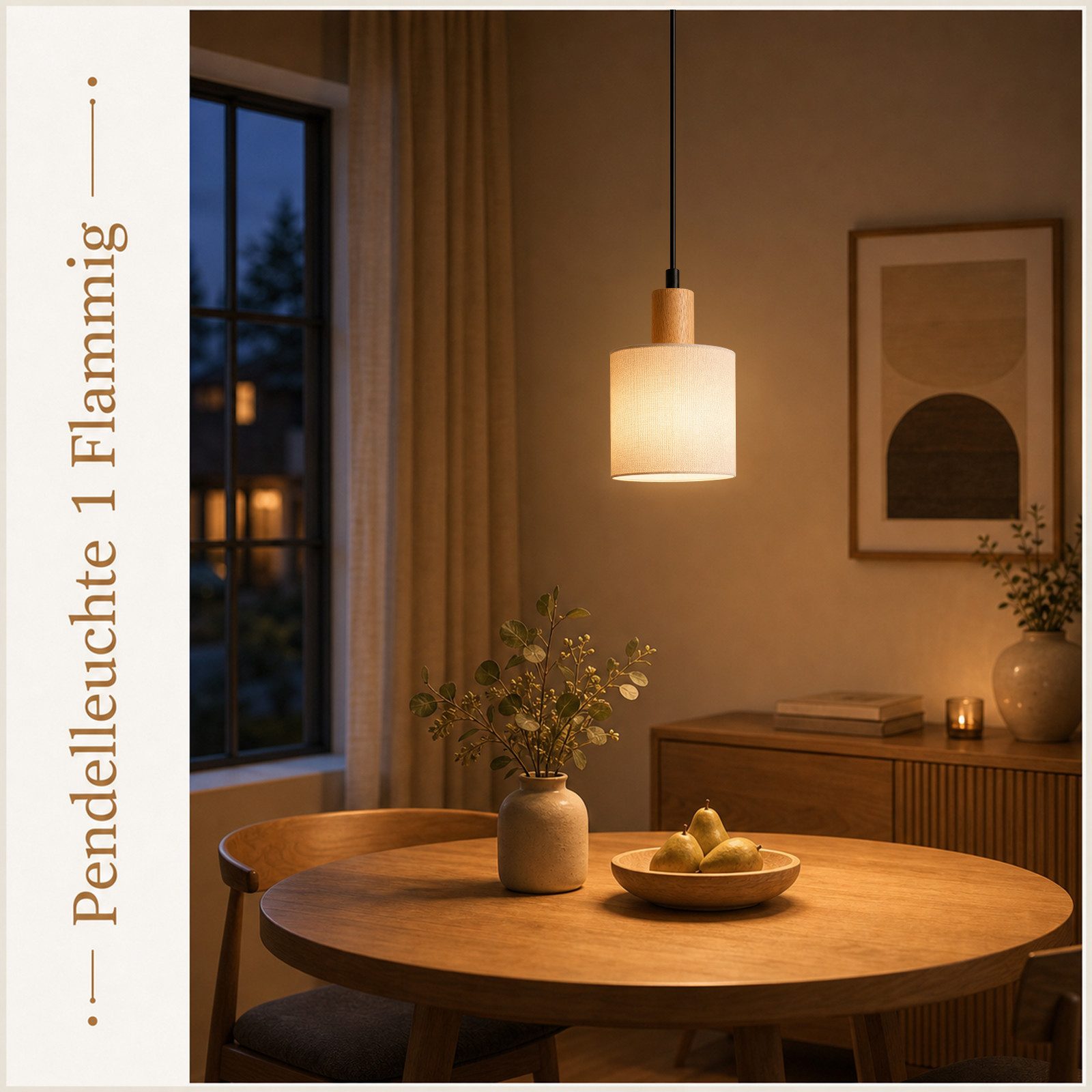 Nettlife Pendelleuchte 1/3/4flammig E14 Holz Stoff Schirm Weiß rustikale Deckenlampe, ohne Leuchtmittel, Küche Wohnzimmer Restaurant Schlafzimmer Flur – Bild 4 von 5