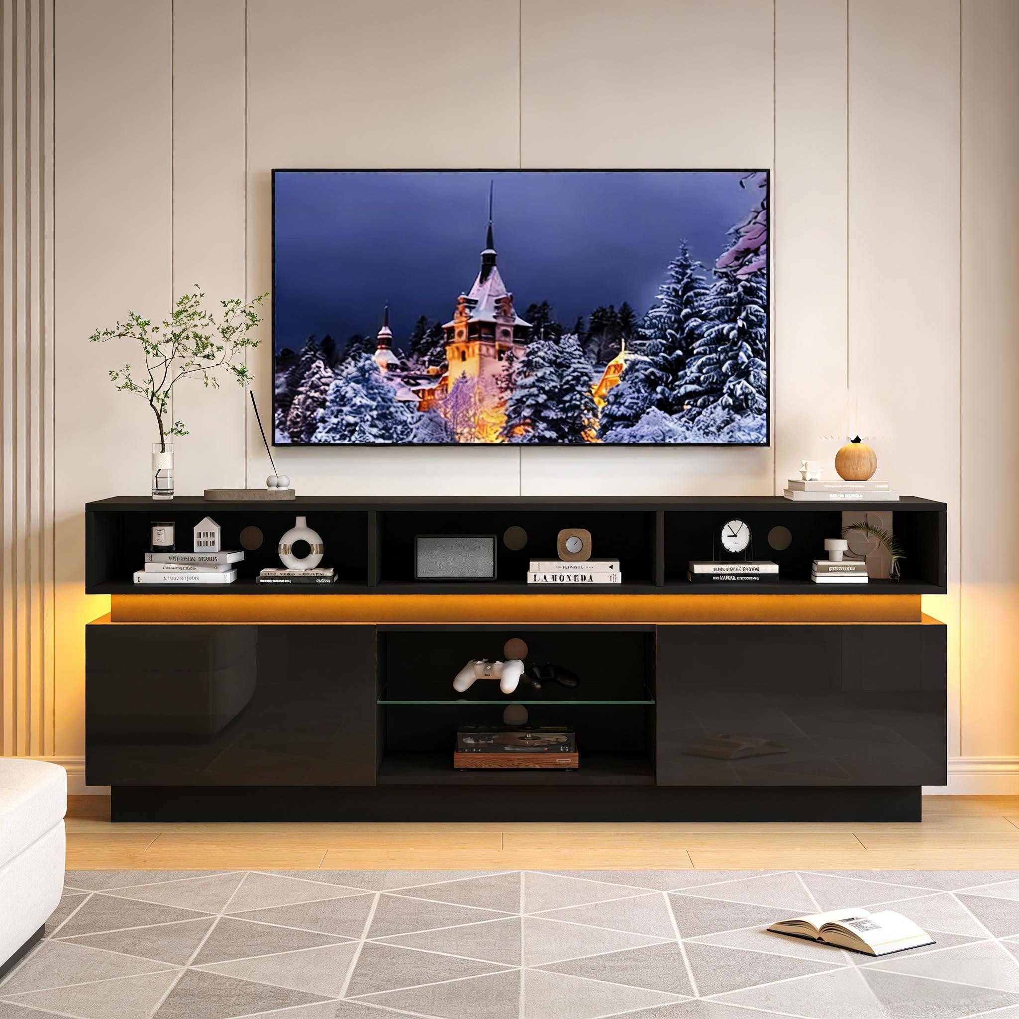 Merax Lowboard hochglanz TV-Schrank mit LED Beleuchtung (1 St), Wohnzimmerschrank mit Glasablage, 10 Fächern & 2 Türen, 160x35x60cm