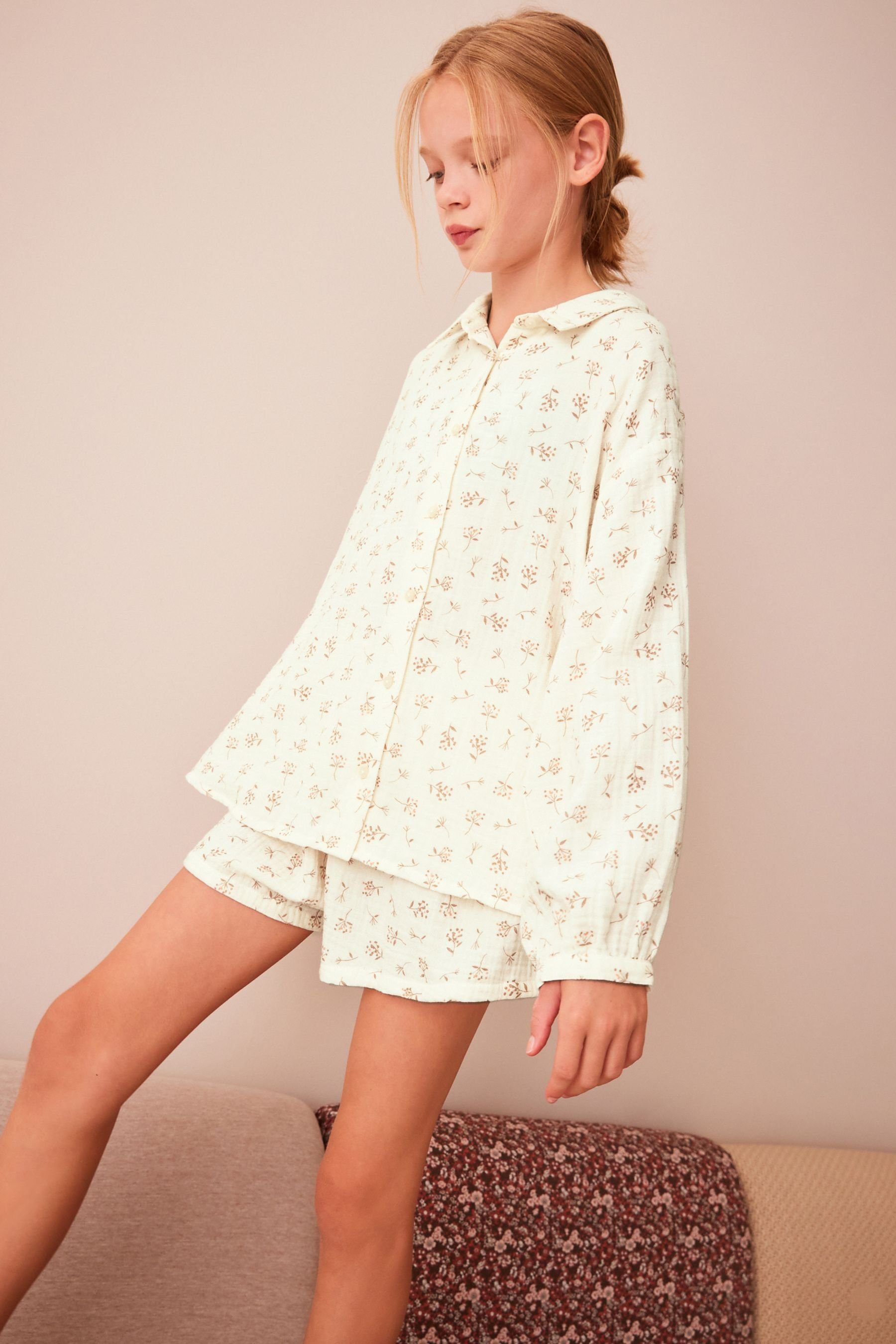 durchgeknöpfter Floral Next Pyjama Neutral Print tlg) Pyjama (2 Kurzer,