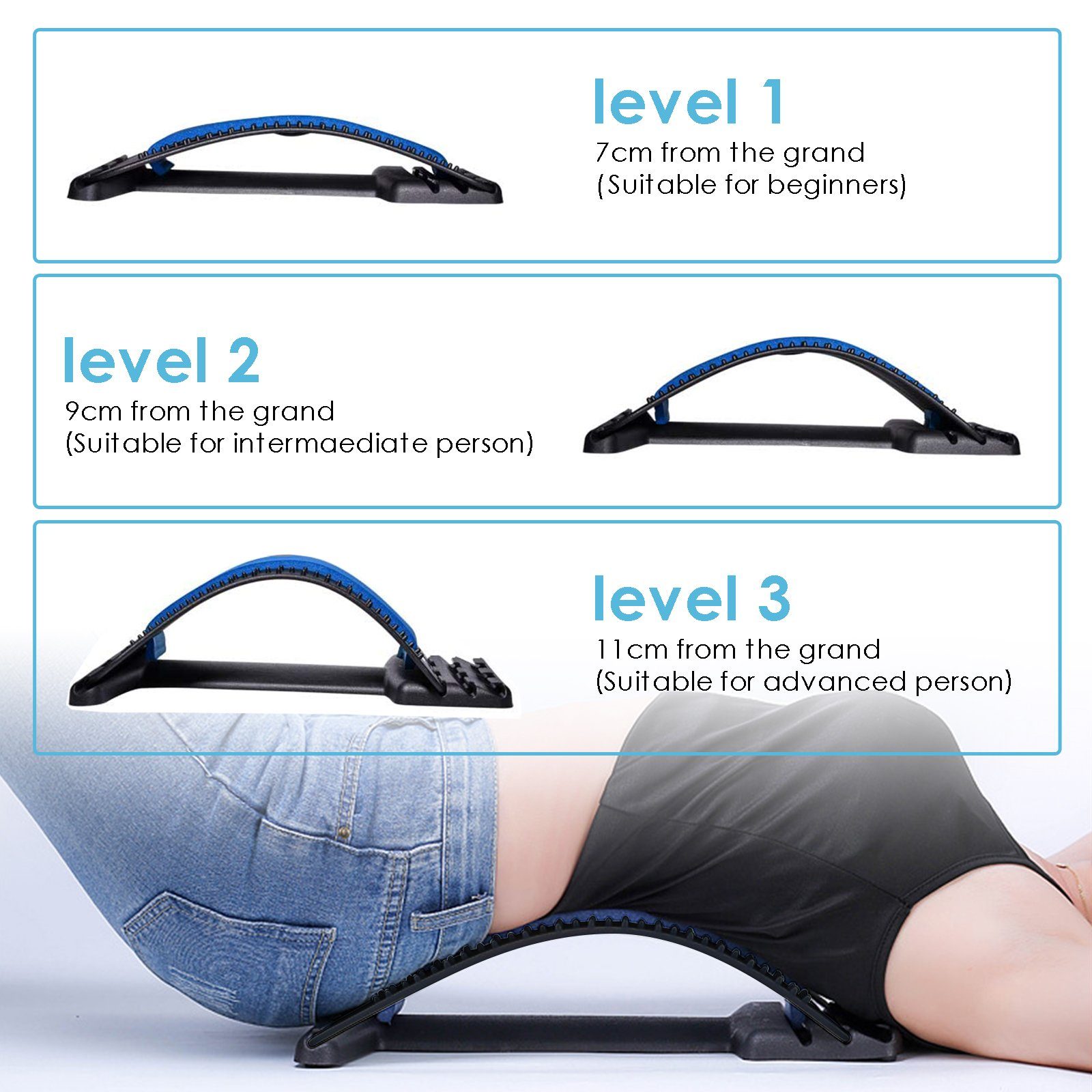 Linderung Back Blau Rückenstrecker, Stretcher für Entspannung und 3 Rückendehner Lendenwirbelsäule Rückenmassage Stufen Unterstützung, Vorratsglas Rückenschmerzen Clanmacy Einstellbar