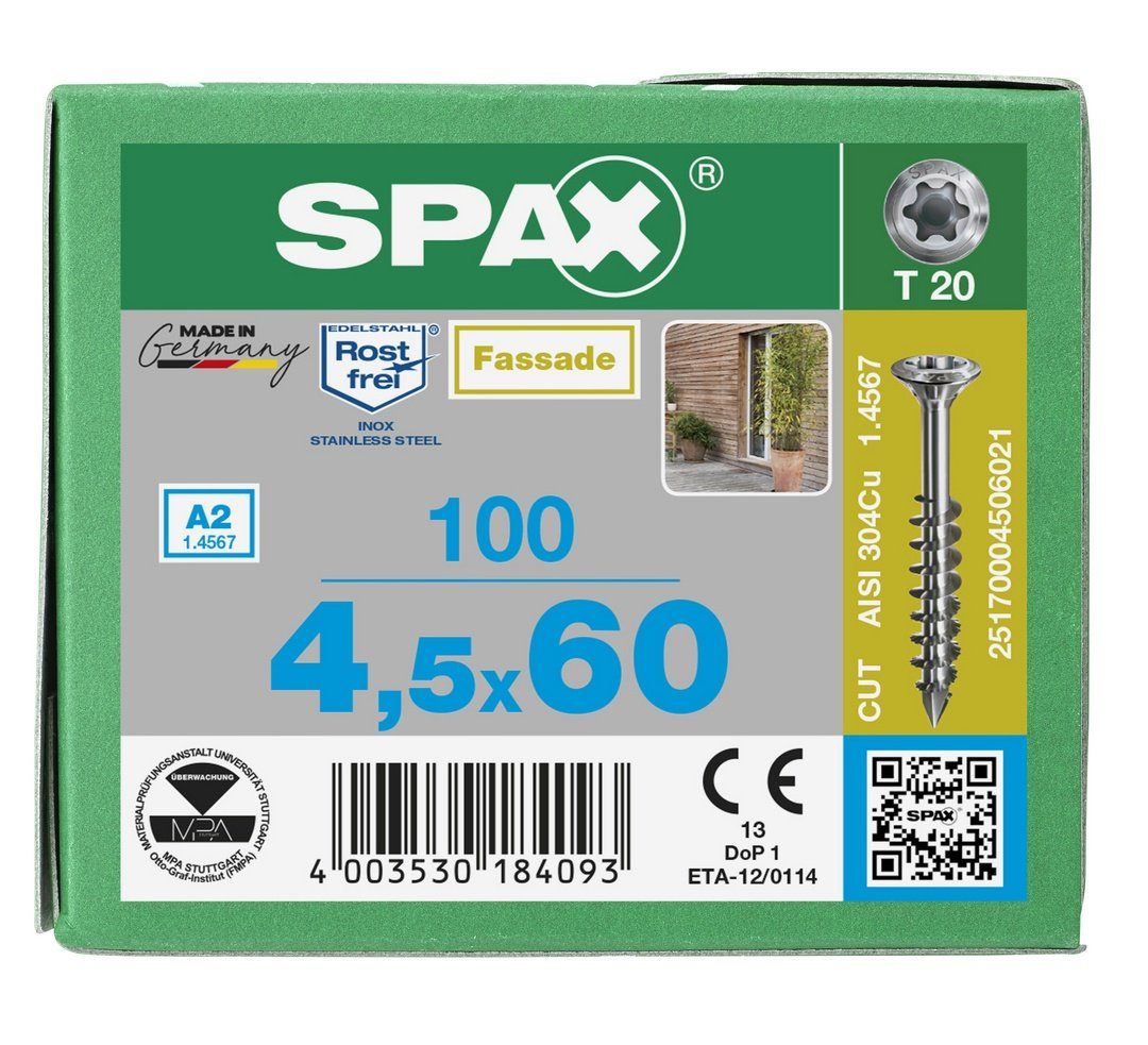 St), SPAX Fassadenschraube, (Edelstahl mm 100 A2, Spanplattenschraube 4,5x60