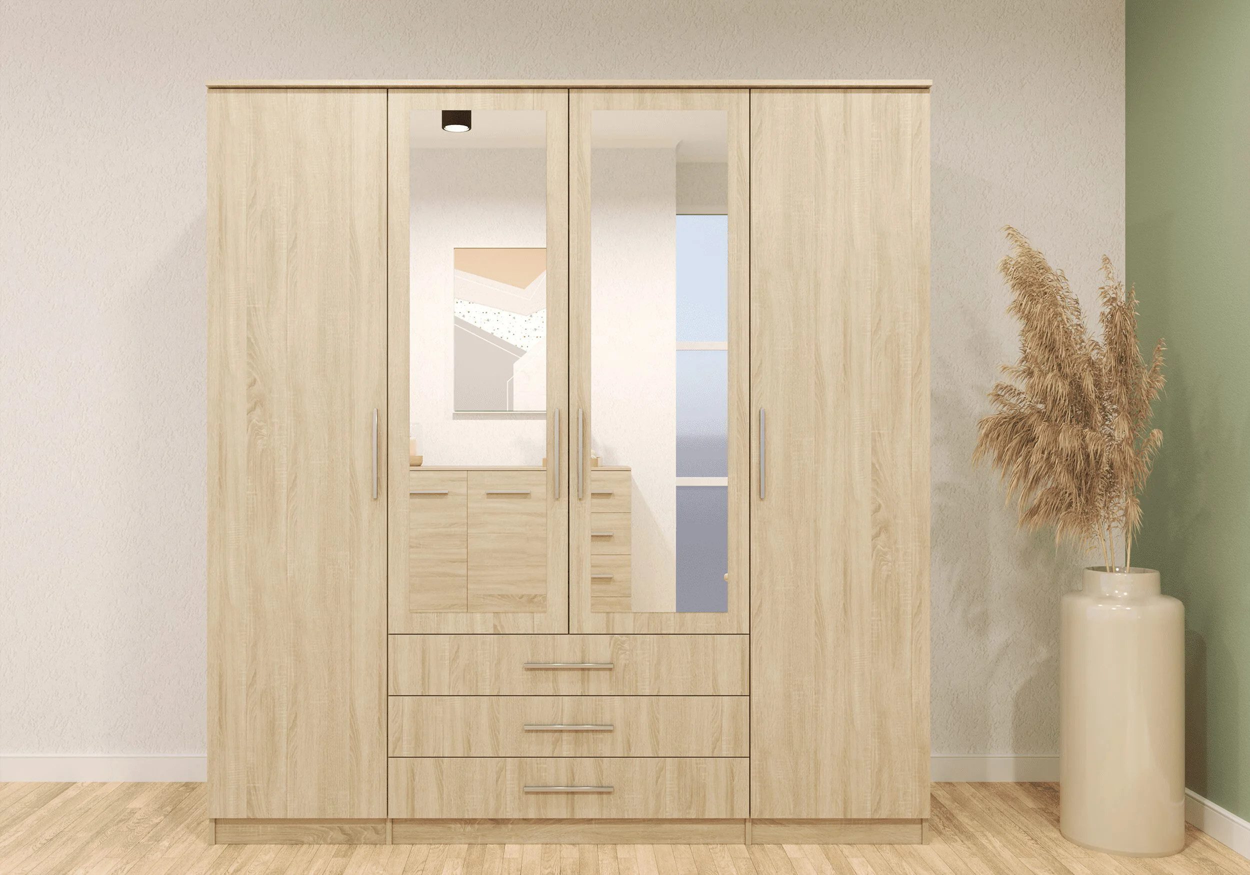MOEBLO Drehtürenschrank RUTH 4D (mit Spiegel und Schubladen, Kleiderschrank 4-türig Schrank Garderobe Schlafzimmer) (BxHxT):200x210x64cm