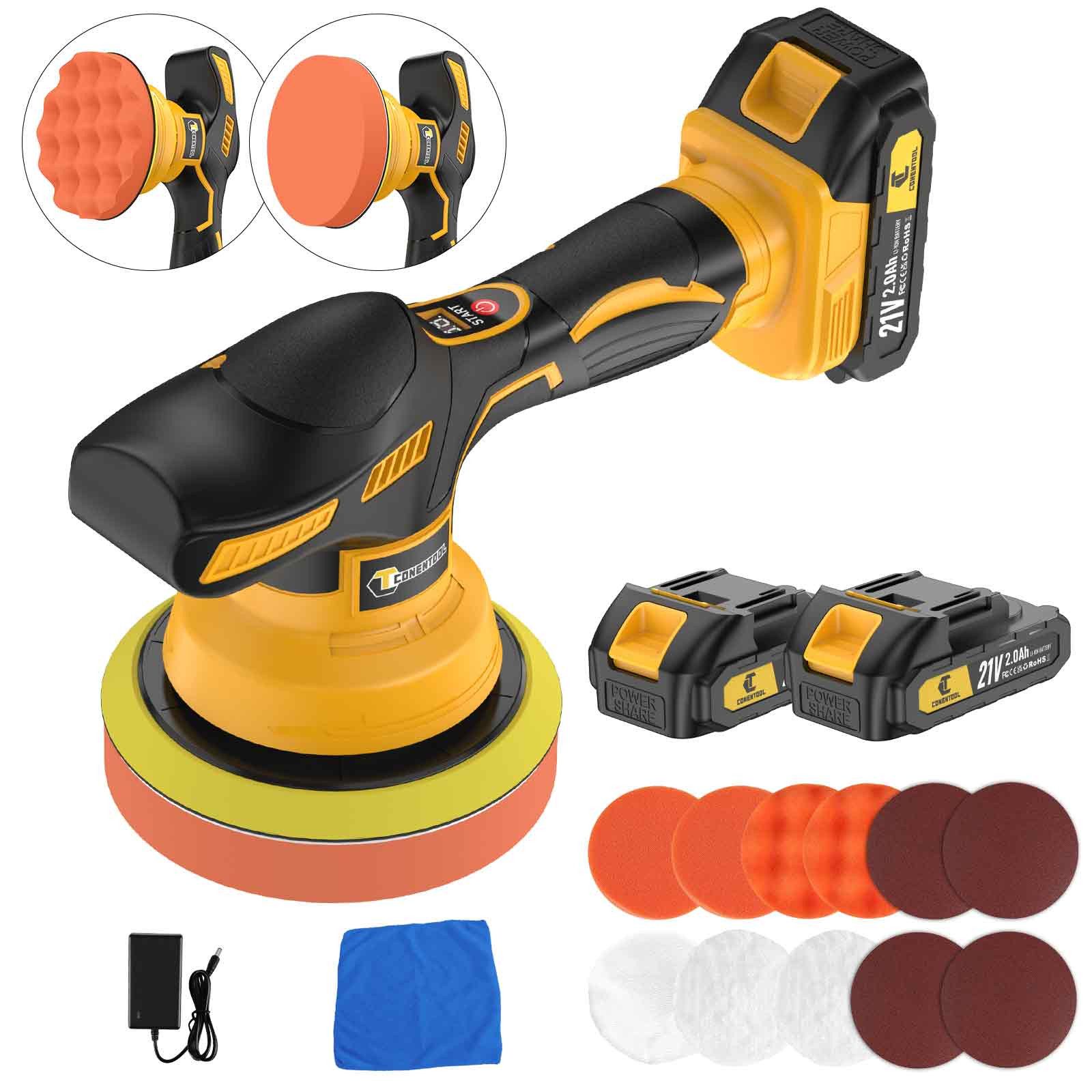 CONENTOOL Akku-Poliermaschine 6 Zoll 8-Geschwindigkeitsstufen, 2500 min. U/min, 5000 max. U/min, Multifunktions-Reinigungs- & Poliermaschine für Auto, Möbel & mehr
