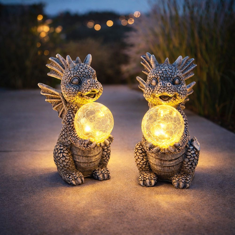GLOBO LIGHTING LED Dekofigur, LED-Leuchtmittel fest verbaut, Warmweiß, Solarleuchte Außen Drache grau Gartendeko Terrassenleuchte 2er Set