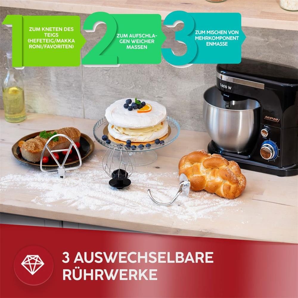 MPM Stabmixer MPM MRK-21 Küchenmaschine mit 2 Schüsseln 1600 W Schwarz, 2 Schüsseln, 6 Geschwindigkeitsstufen, Pulsfunktion