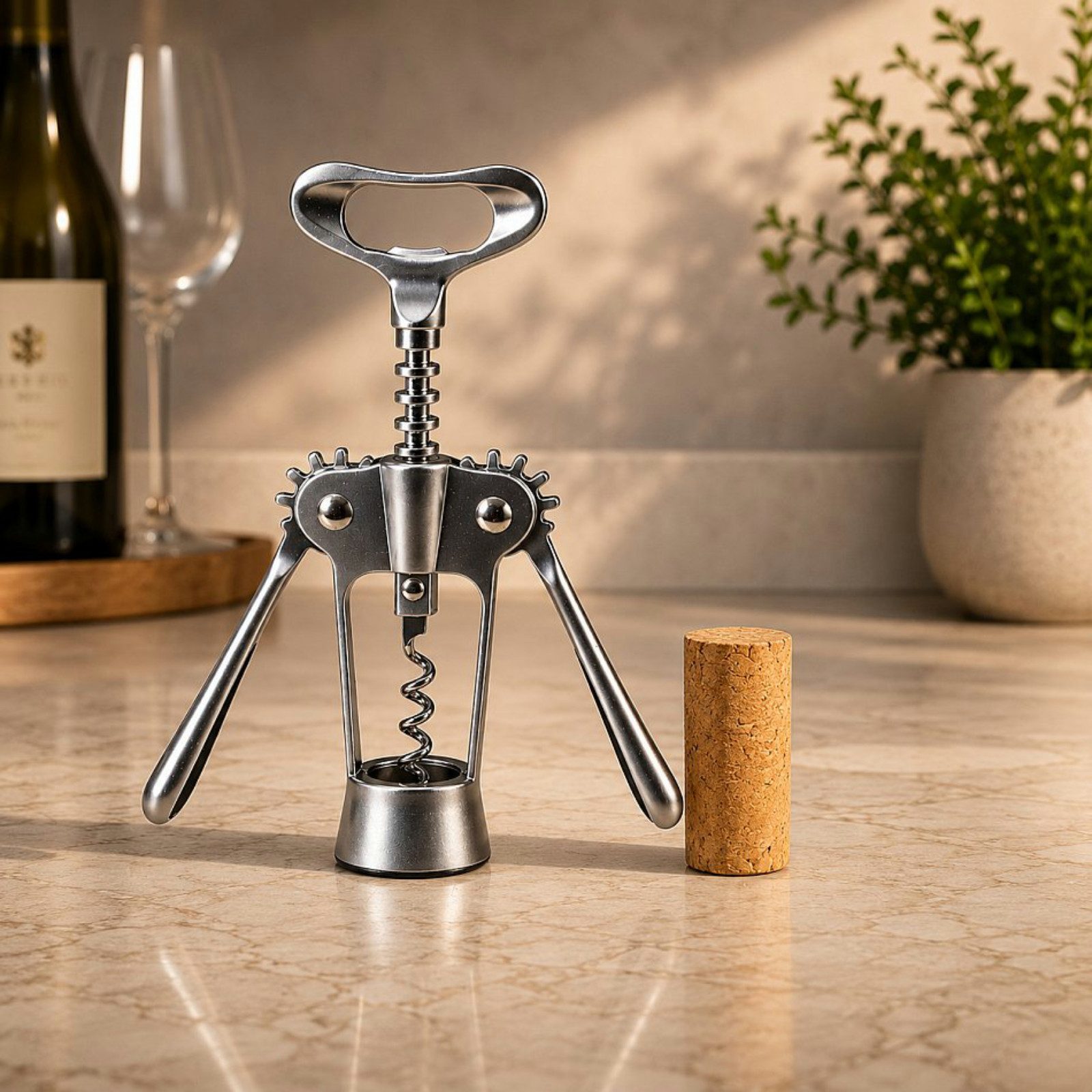 Koopman Korkenzieher Oben Breit Silber Gebogen 18,5cm, (Stück, 1 tlg., Packung), Edelstahl, inkl. Flaschenöffner, Doppelarm, Küchenhelfer, Bar