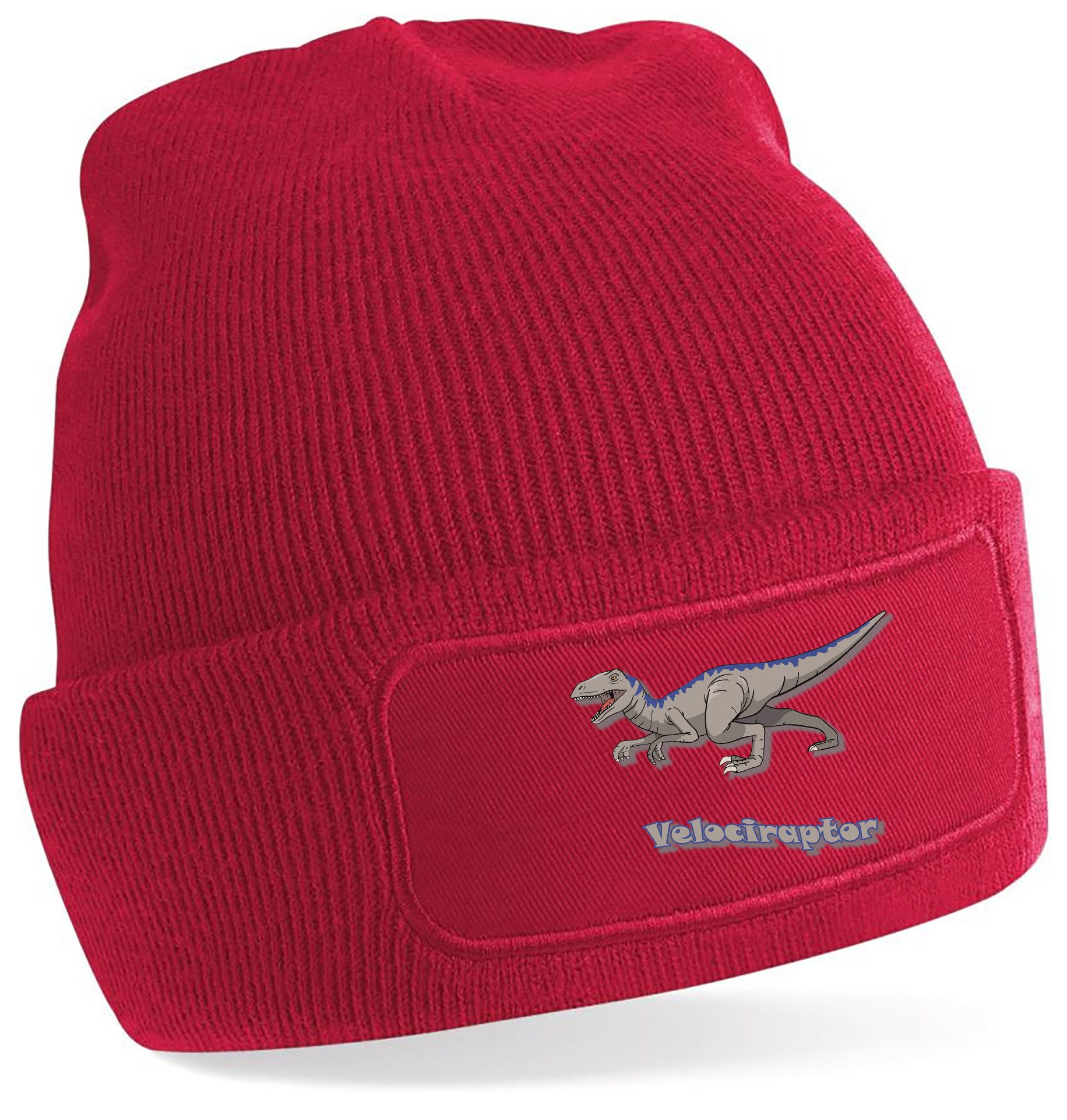 MyDesign24 Strickmütze für kalte Tage - Beanie mit Umschlag und Raptor Print Coole Dinosaurier Mütze Wintermütze i64