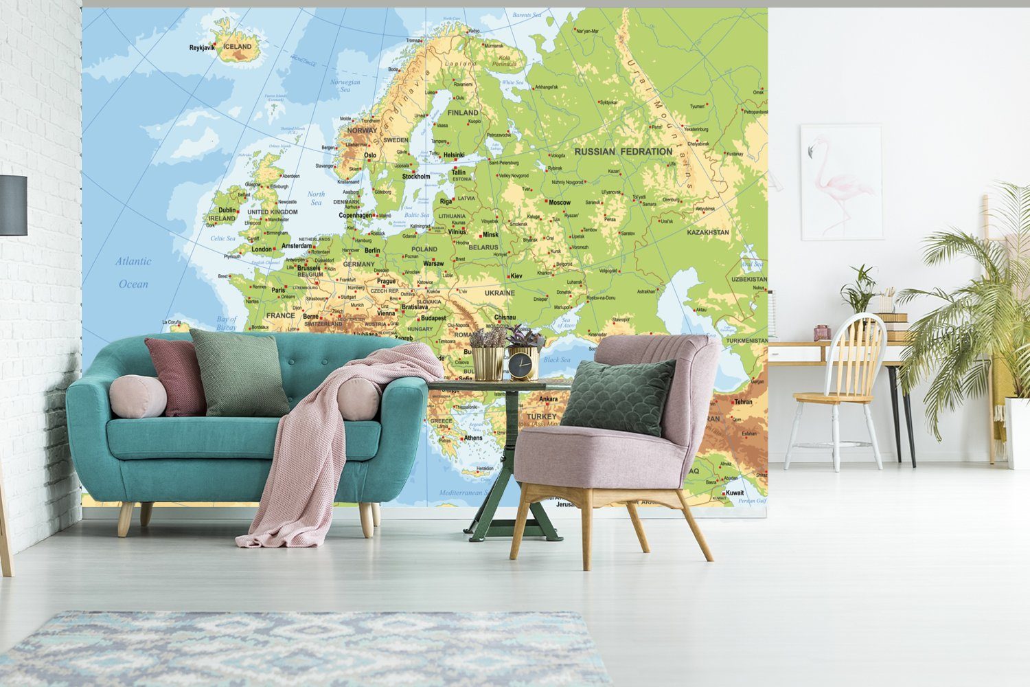 Montagefertig Land, Matt, für (6 Wandtapete Tapete Fototapete Wohnzimmer, Vinyl - Europa Karte MuchoWow St), - bedruckt,