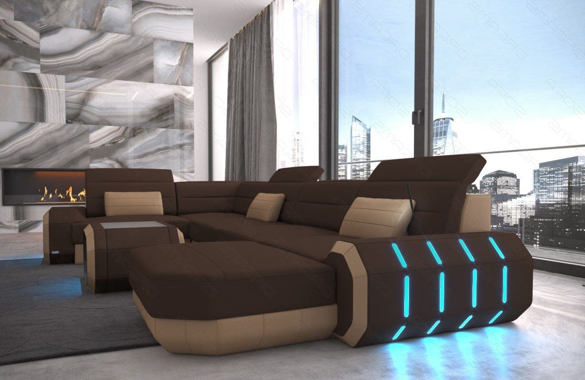 Polster Form Dreams Design Roma Stoffsofa, Sofa Stoff Couch Sofa wahlweise mit dunkelbraun-sandbeige M Wohnlandschaft U Schlaffunktion Mikrofaser