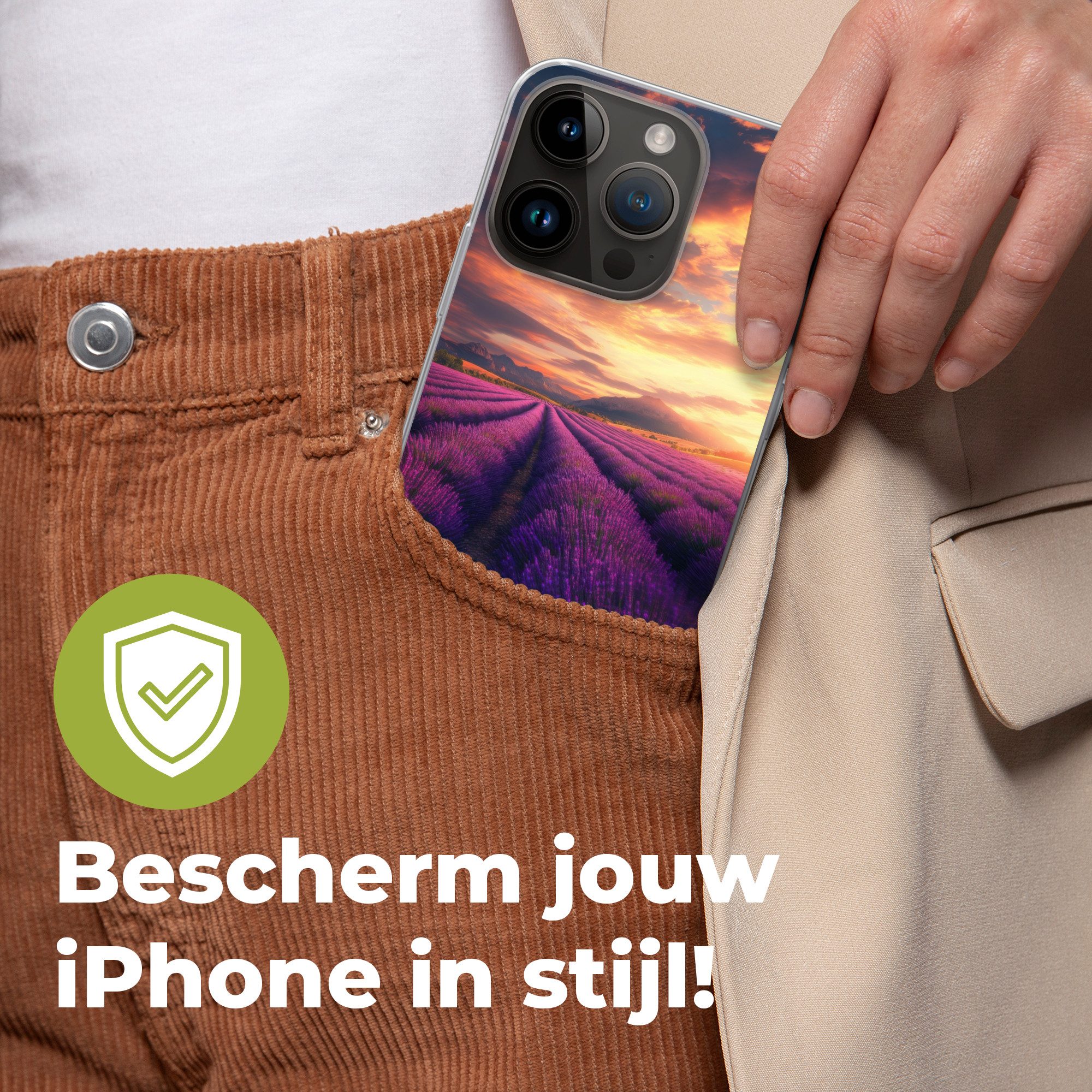 MuchoWow Handyhülle für Apple iPhone 14 Pro Lavendelfeld - Sonnenuntergang - Lila, Smartphone-Bumper, Print, Handy Schutzhülle Dünn