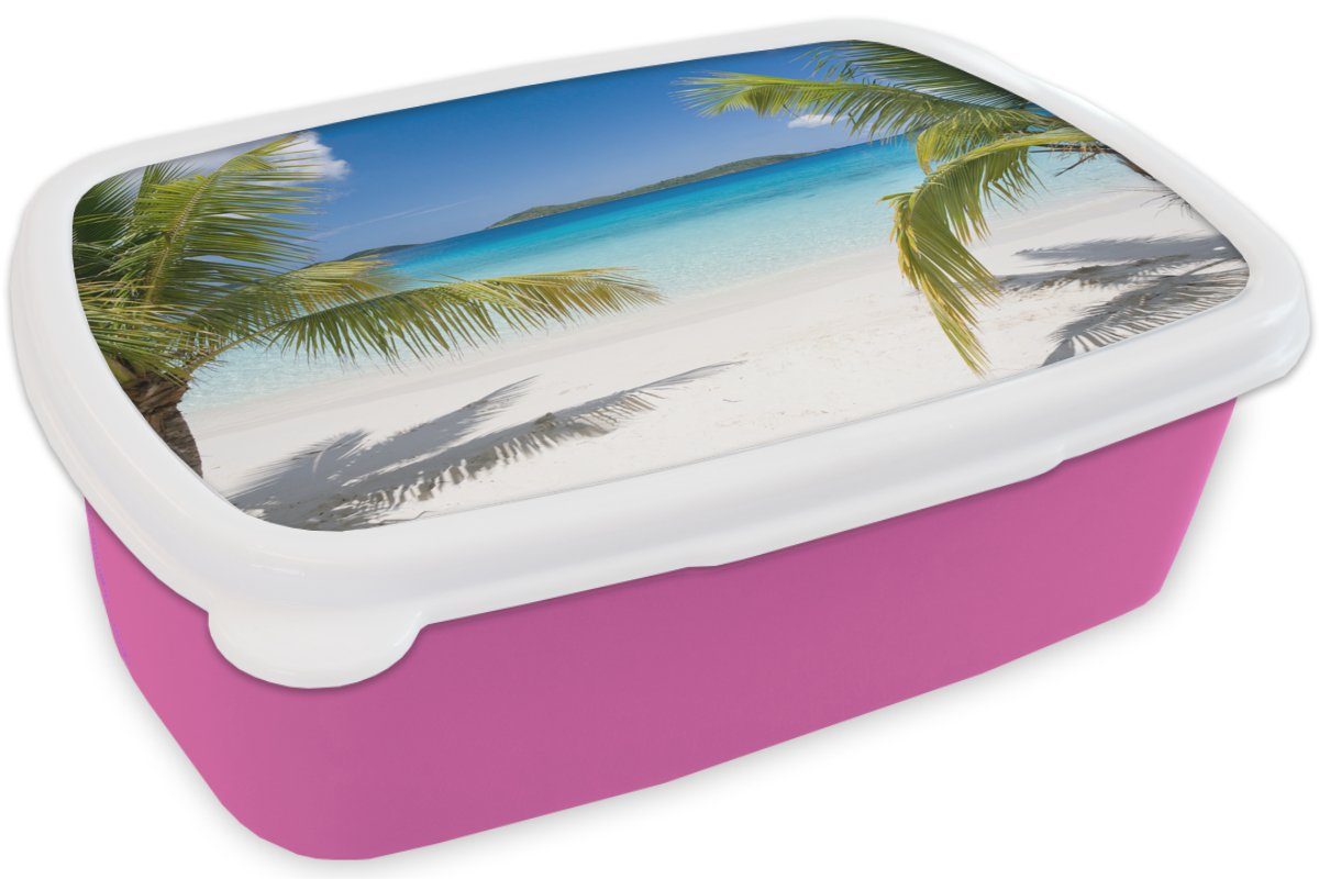 rosa Snackbox, (2-tlg), Mädchen, Brotbox Tropisch, - MuchoWow Lunchbox Strand Palmen Kunststoff, - Kinder, Brotdose Kunststoff für Erwachsene,