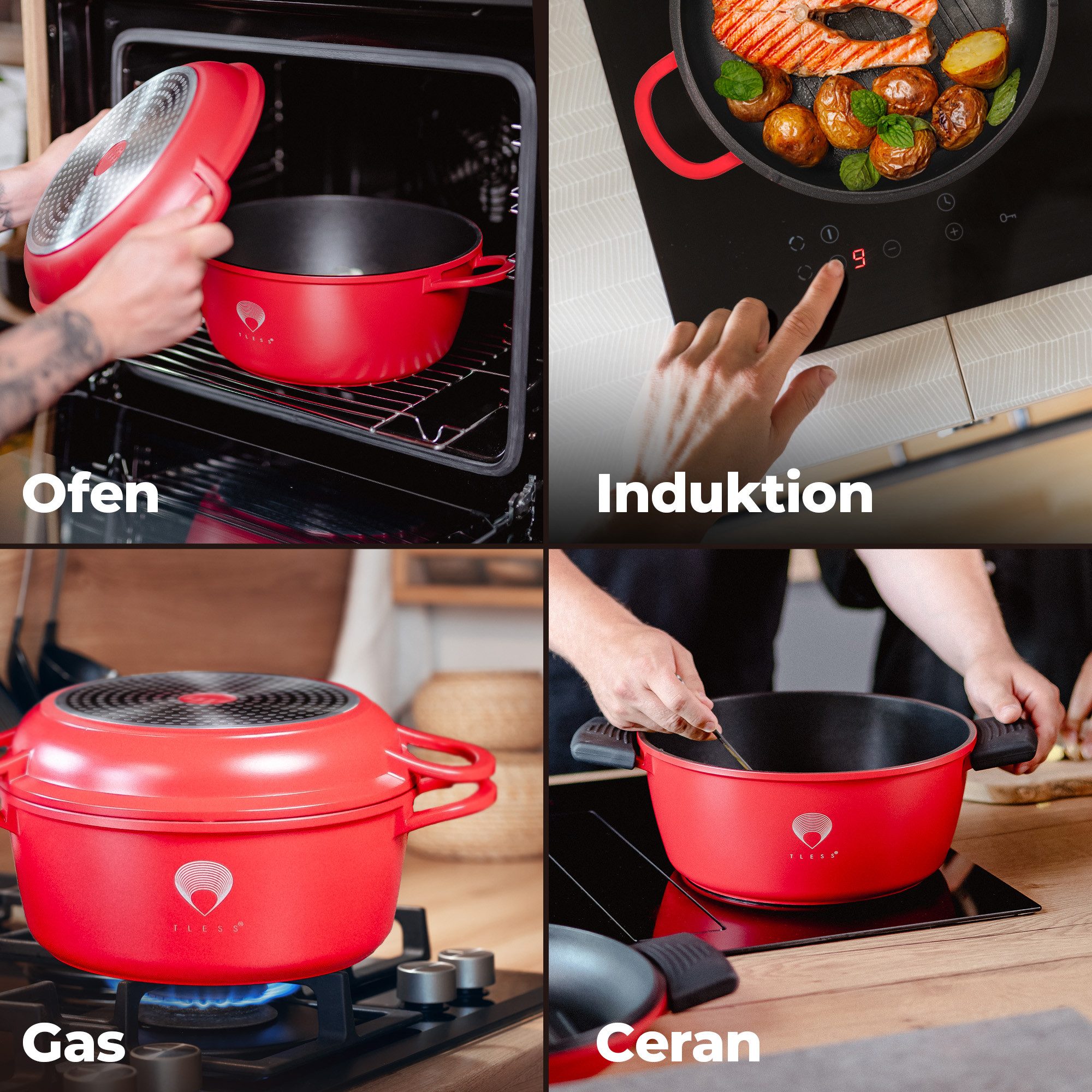 TLESS Bräter 2in1 Aluguss mit Deckel backofengeeignet & induktionsfähig, Aluminiumguss, Induktion