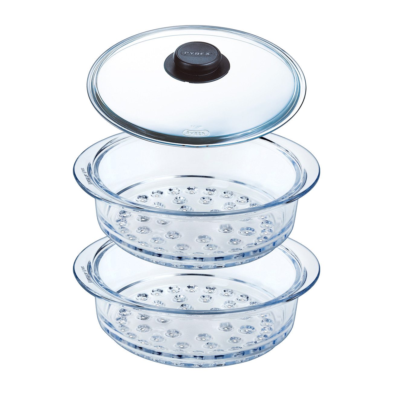 PYREX Dampfgarbehälter Dünsteinsatz Dampfgar-Set, Ø 20 cm, 2 Einsätze + Deckel, (Set 3-tlg), Borosilikatglas, mit Glasdeckel, hitzebeständig, stapelbar
