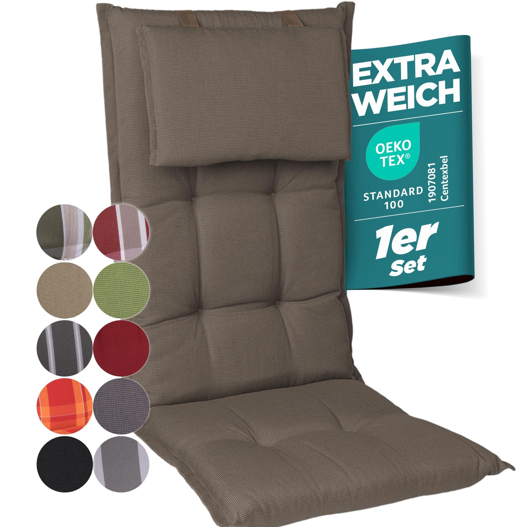 Gardisun Auflagekissen Gartenstuhlauflagen Polyacryl 8cm Hoch, Kopfteil, (Extra dicke Sitzauflage, 1-8er Set, versch. Muster)