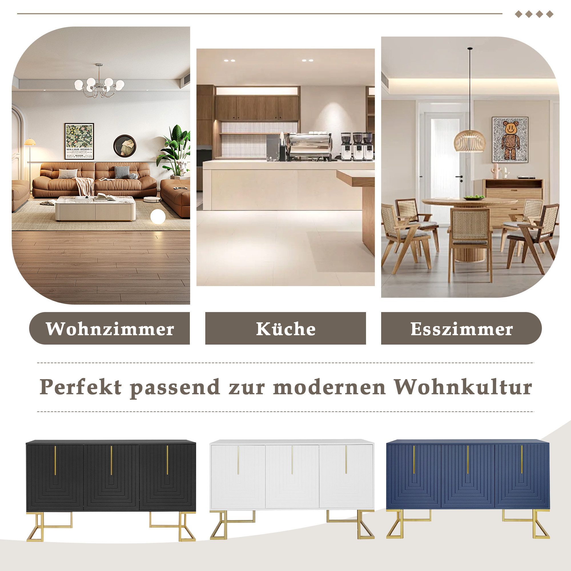 Merax Sideboard mit 3 Türen und verstellbaren Einlegeböden, Kommode mit Metallsockel,Anrichte,Buffet,TV-Schrank – Bild 5 von 5