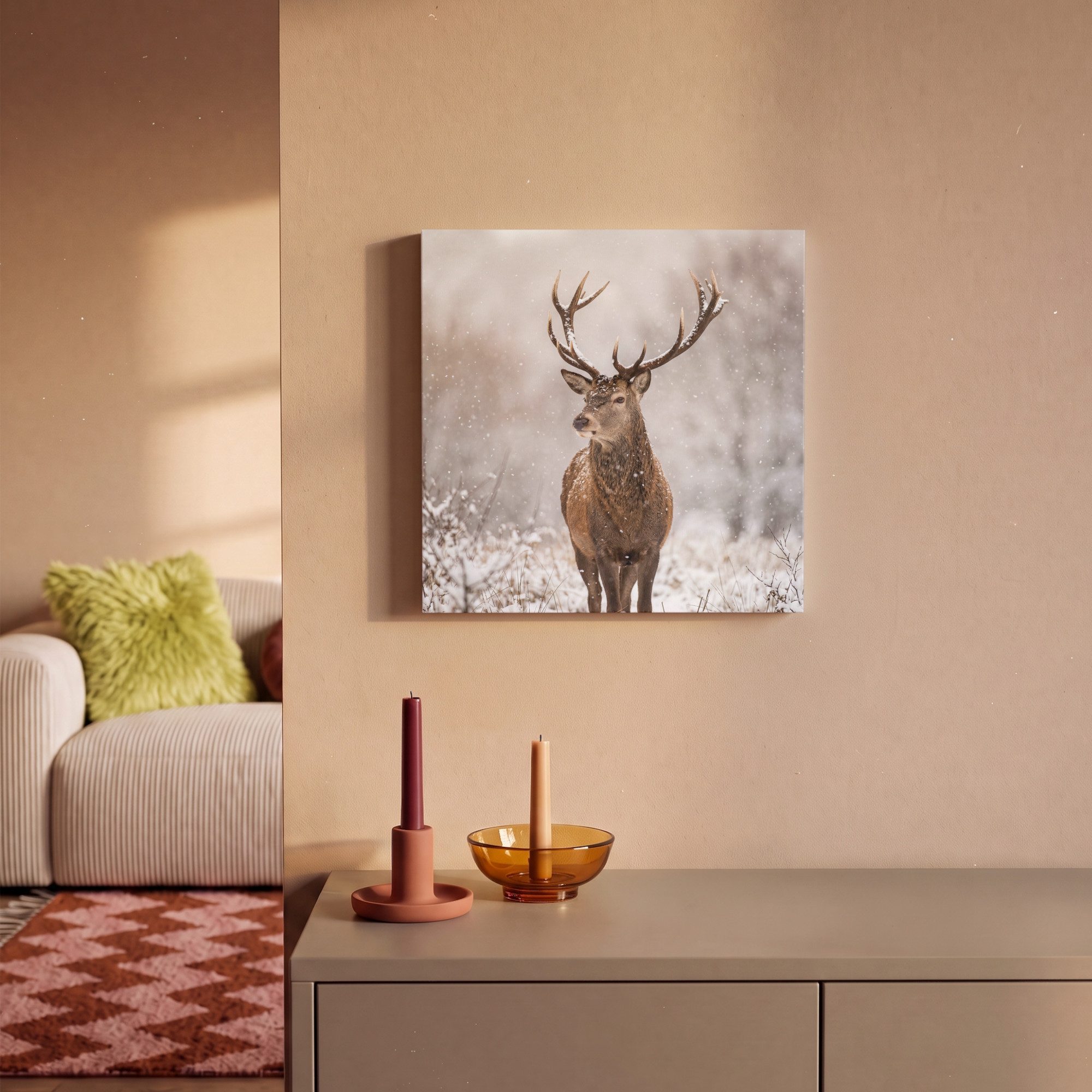 OneMillionCanvasses® Leinwandbild Rothirsch - Wald - Schnee - Winter - Majestätisch, Fotodruck (1 St), Leinwand Bilder Klein, Wand Dekoration Aesthetic 30x20 cm – Bild 2 von 5