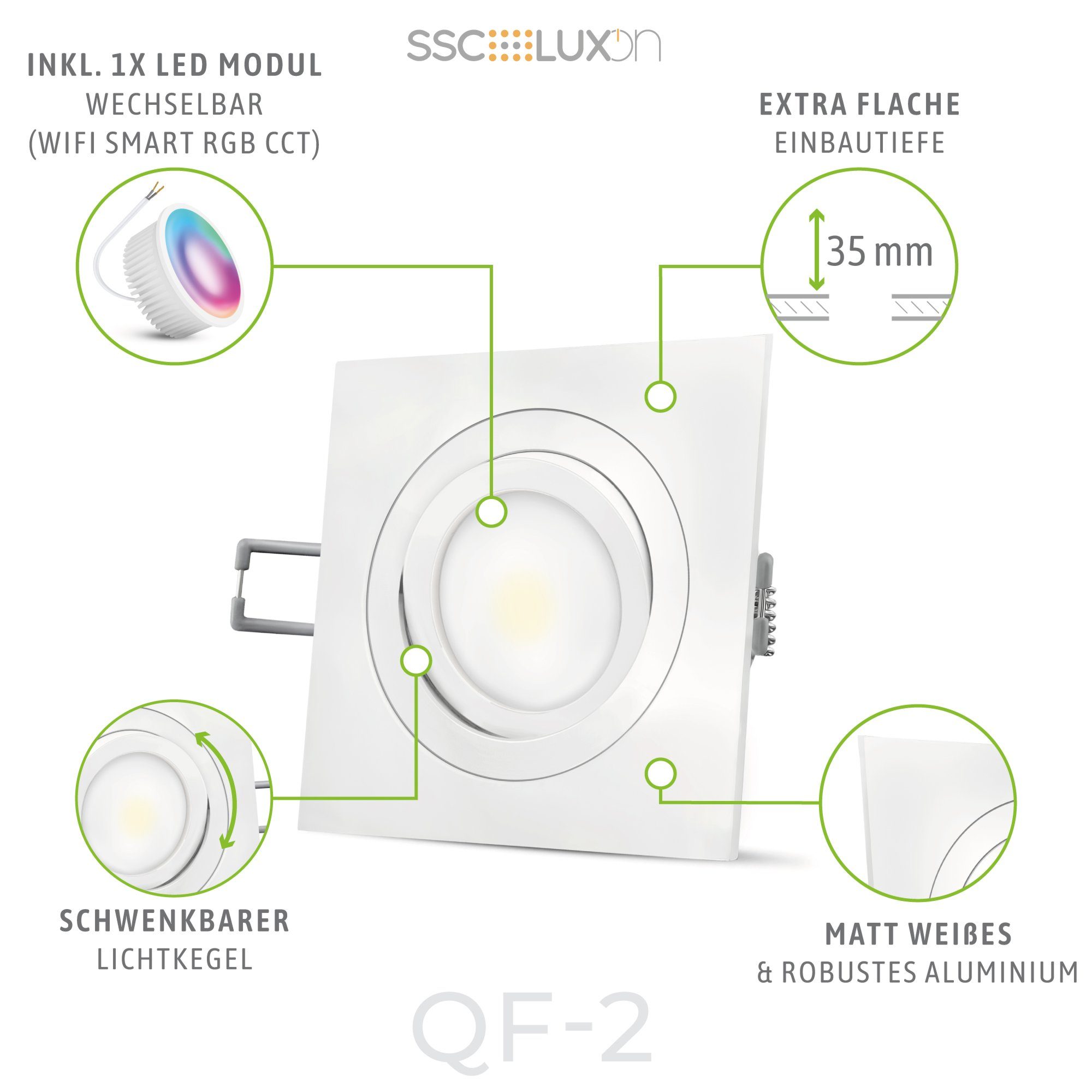 LED LED SSC-LUXon schwenkbar Einbaustrahler dimmbar, RGB flach Modul RGB WiFi mit QF-2 Einbaustrahler 5W