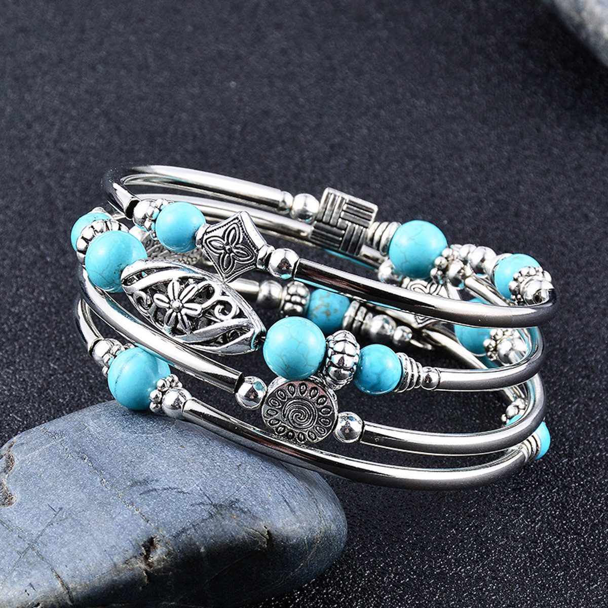 KARMA Armband Mehrreihig Silber Türkis Damenarmband Natursteine Boho Schmuck (Geschenk für Sie, Damenarmschmuck), Natursteinarmband Metall Metallarmband modern