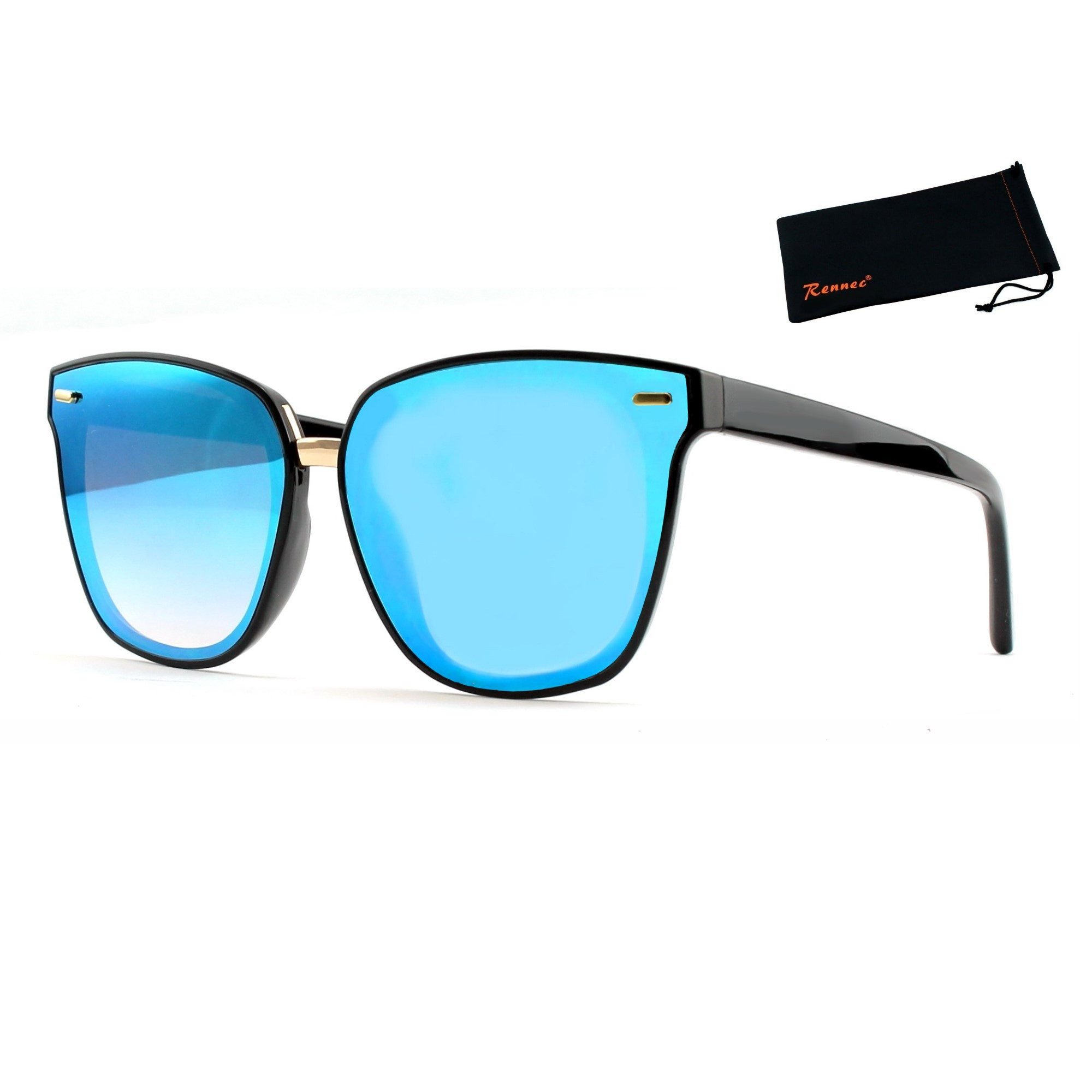 Rennec Sonnenbrille (Cateye Sonnenbrille Damen Groß Schwarz Gold mit Brillenbeutel) Katzenaugen Gläser Verspiegelt oder Getönt