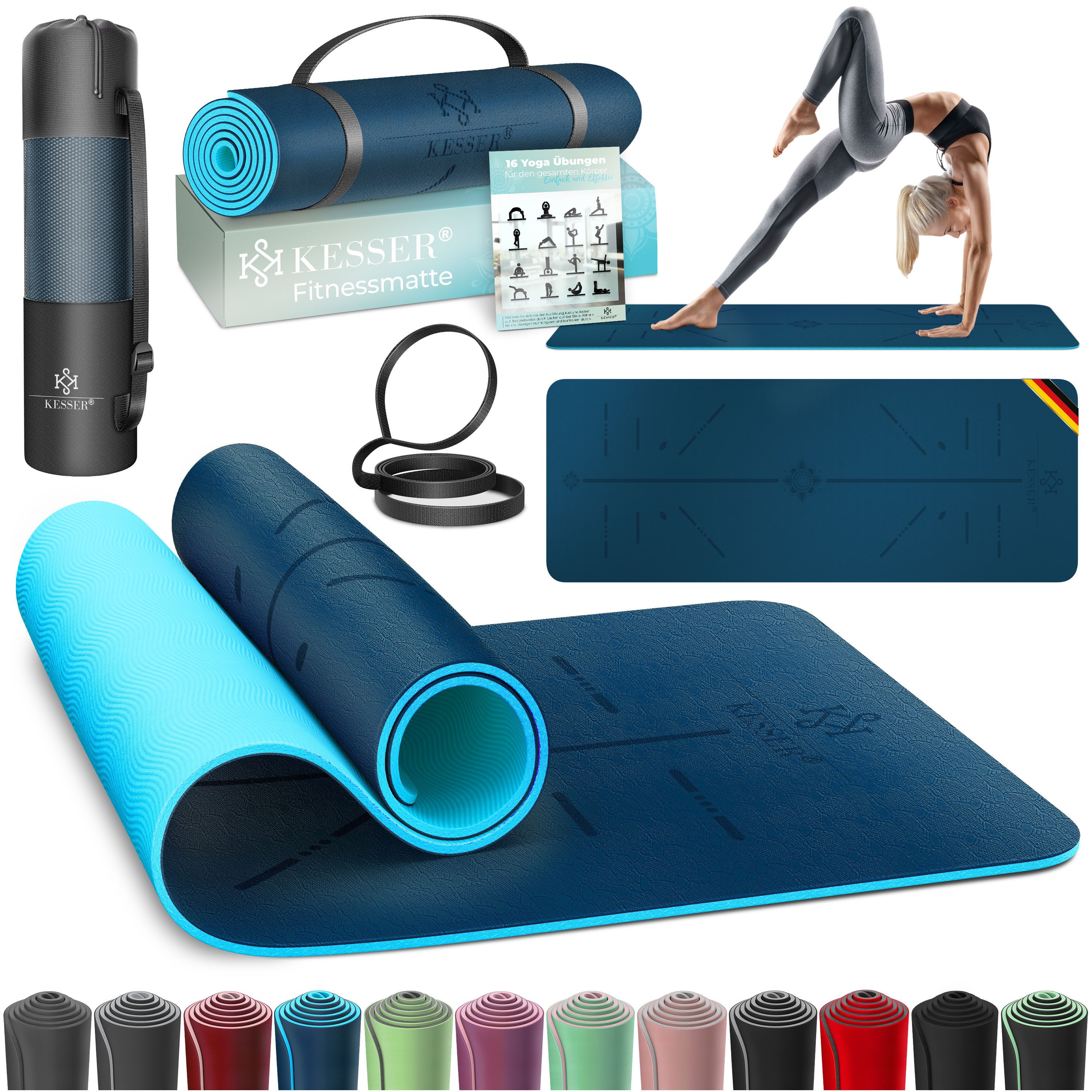 KESSER Yogamatte, Gymnastikmatte + Tragegurt rutschfest TPE Yogamatte gepolstert