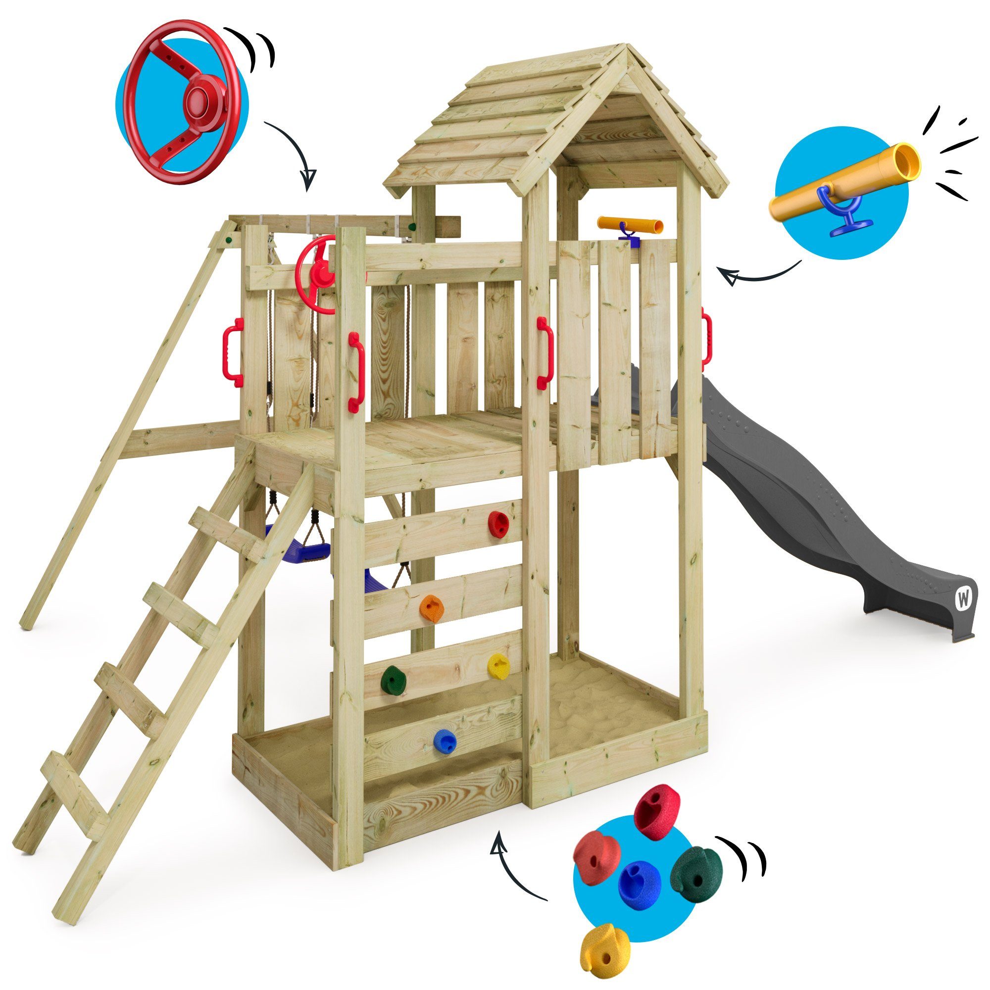 Wickey Spielturm MultiFlyer mit Holzdach, Doppelschaukel günstig online kaufen