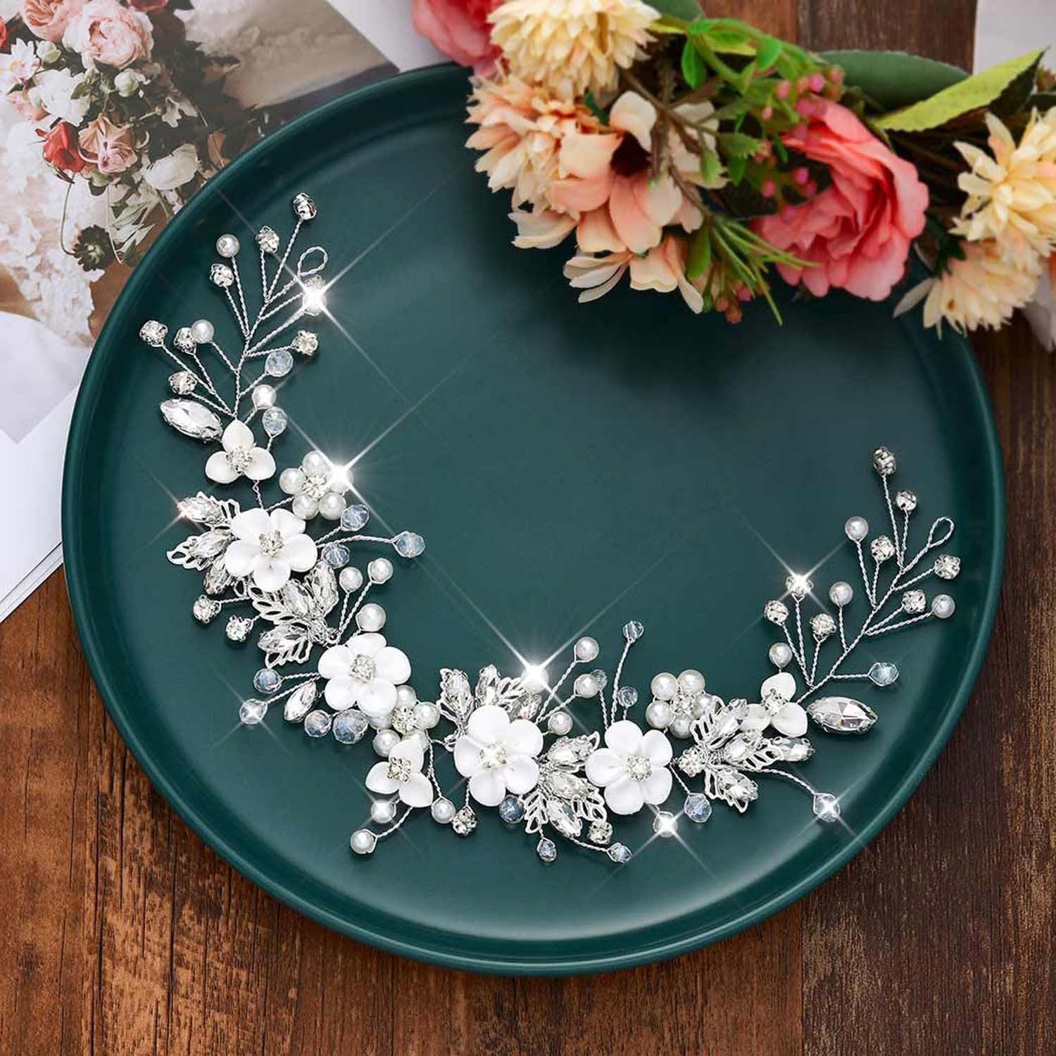 trends for living Haarspange Blumen Hochzeits Kristall Braut Kopfschmuck Perle Strass Haarschmuck, 1-tlg.