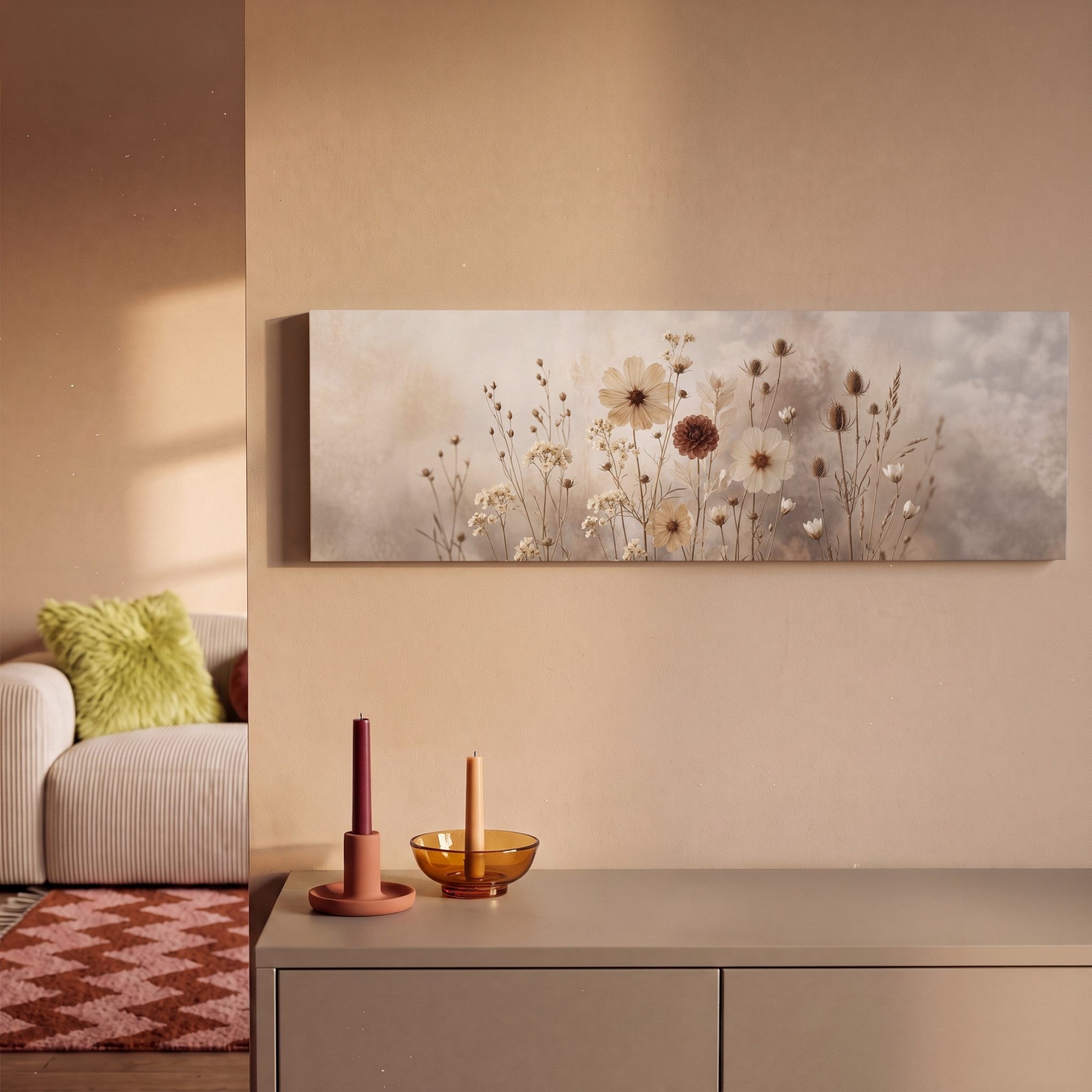 OneMillionCanvasses® Leinwandbild Panorama Wilde Blumen - Botanisch - Vintage - Natur - Rustikal, Fotodruck (1 St), Wandbild, Deko Schlafzimmer Wohnzimmer Flur  – Bild 2 von 5