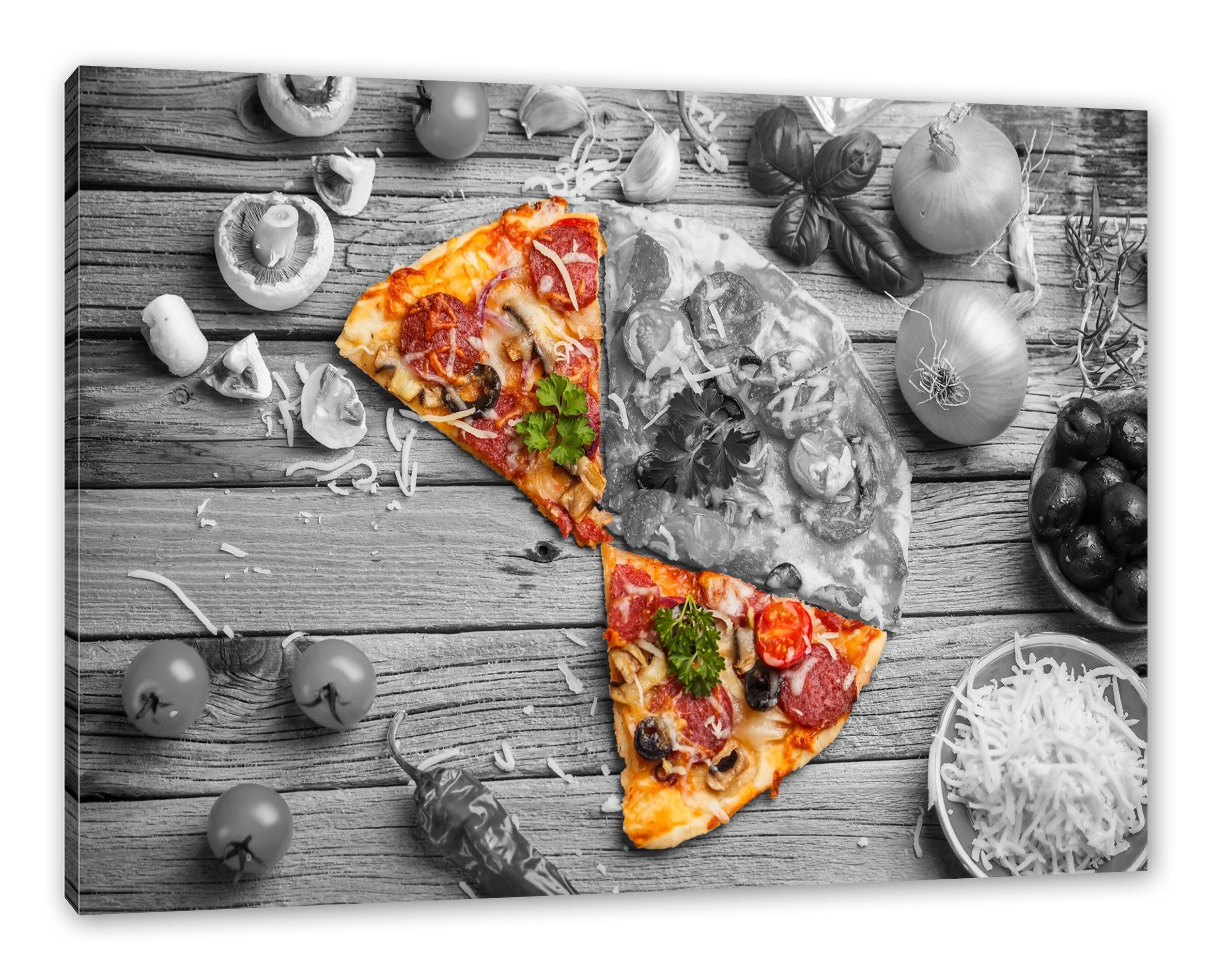 Pixxprint Leinwandbild Pizza auf Holztisch, (1 fertig bespannt, St), Leinwandbild auf inkl. Pizza Zackenaufhänger Holztisch