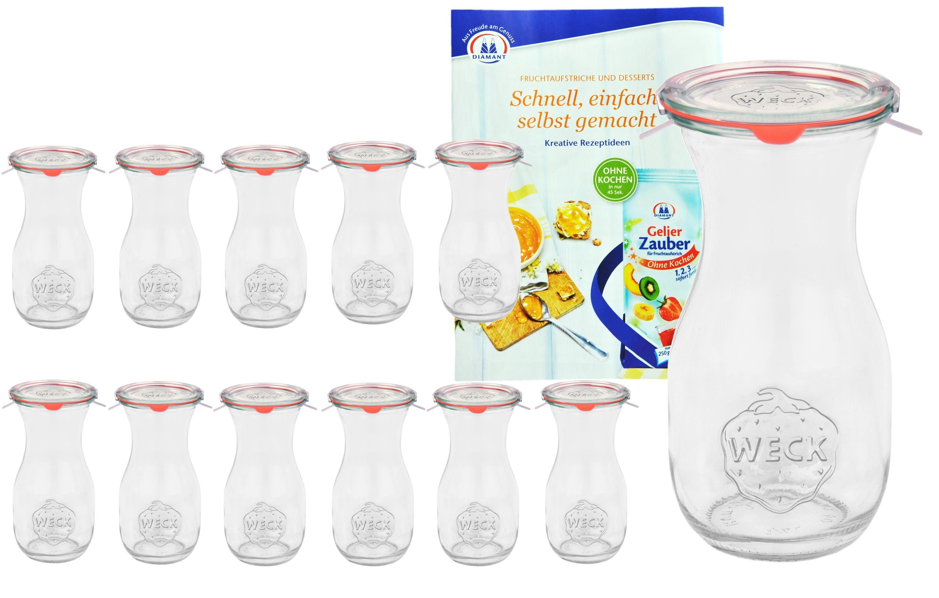 MamboCat Einmachglas 12er Set Weck Gläser 290ml Saftflasche + Deckeln Einkochringe Klammer, Glas | Einmachgläser