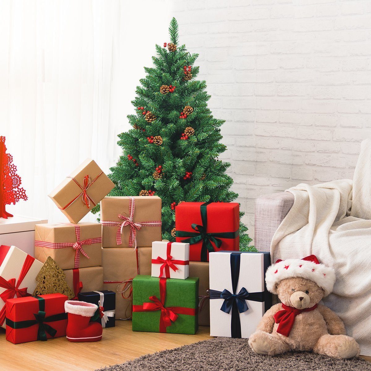 COSTWAY Künstlicher Weihnachtsbaum, mit 300 LEDs, 516 PVC Nadeln, Ständer