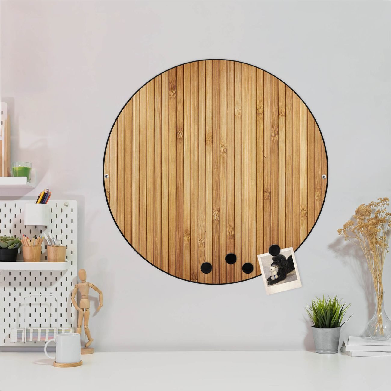 banjado Magnettafel Stahl Rund Bambusholz, (inkl. 4 Magnete, Runde Stahlmagnettafel)